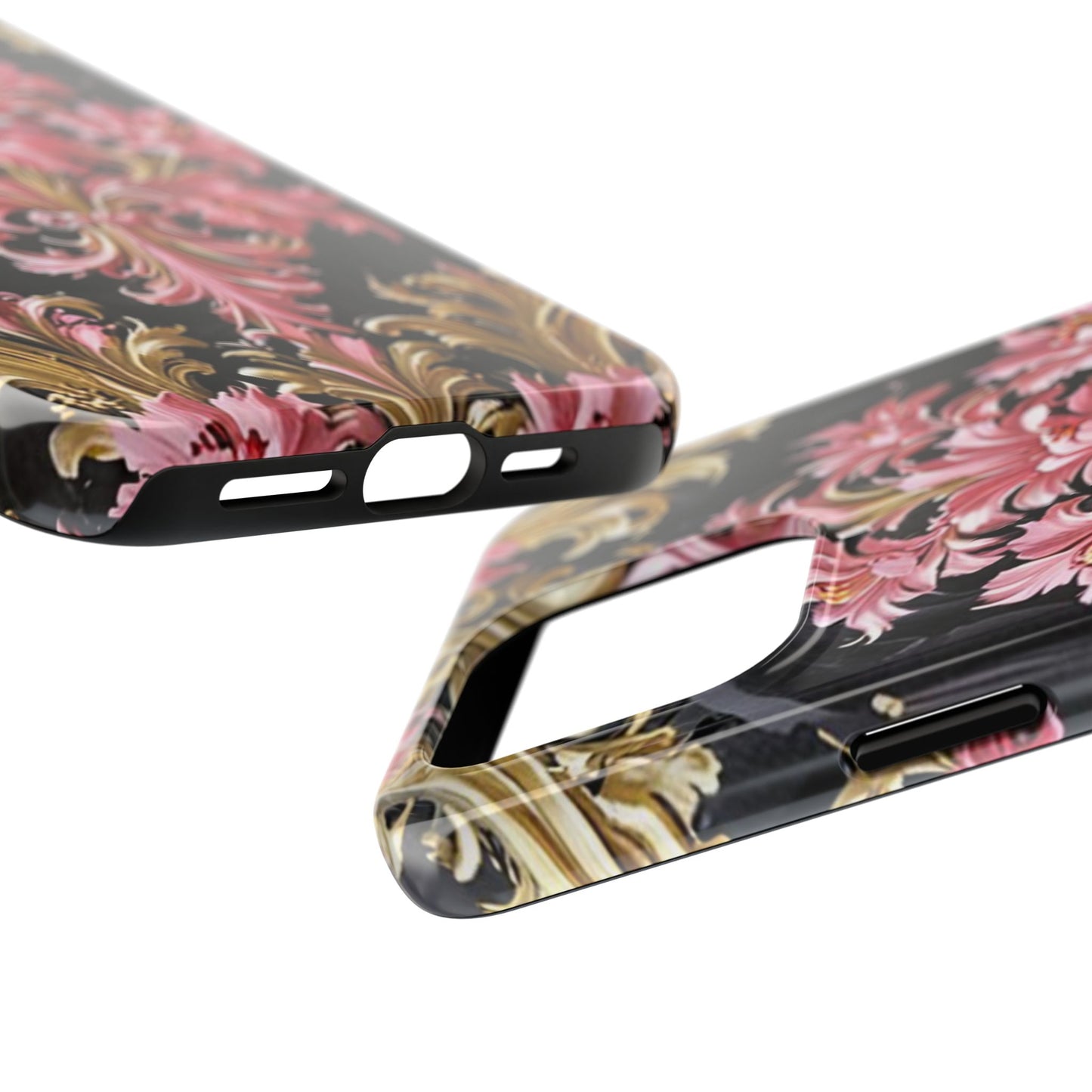 Elegant Floral Tough Phone Cases | Stylish Protection for Her | Gift for Birthdays - Black & Pink Oil Painting Style Rococo