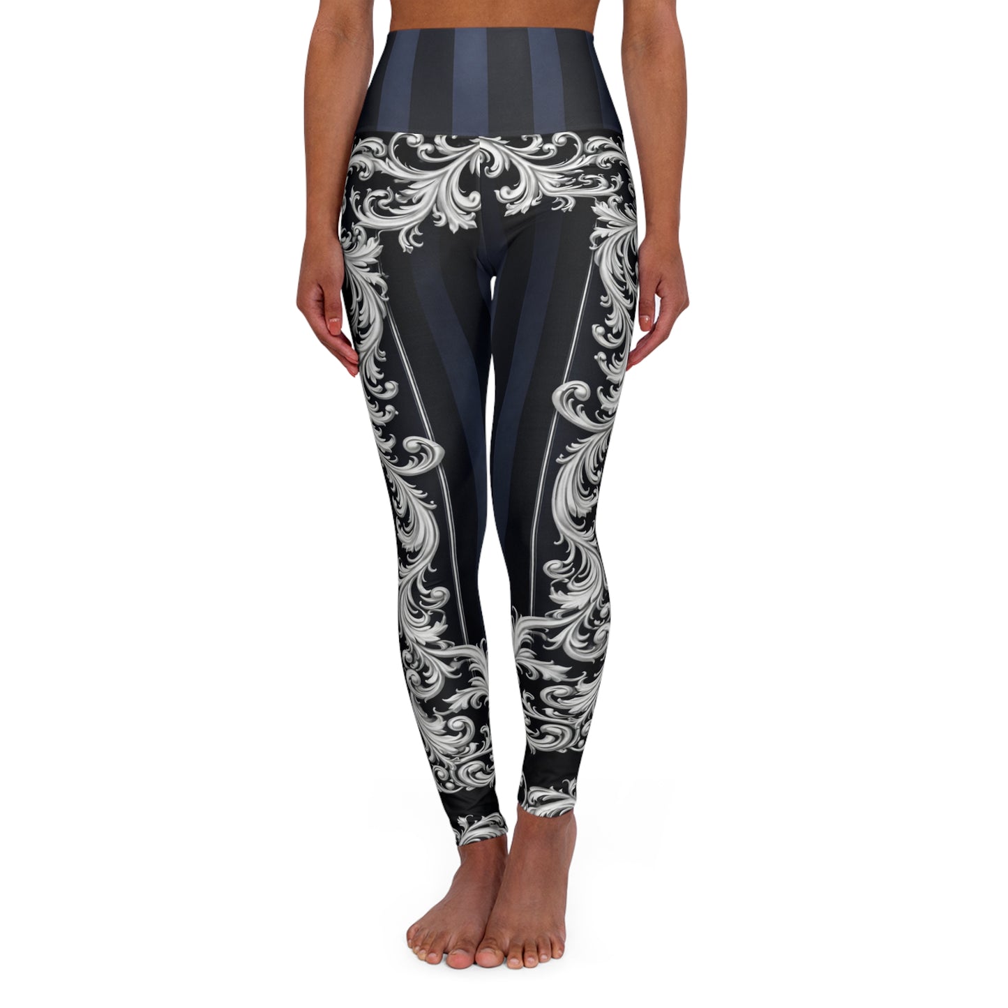 Navy Stripes & Baroque Scroll High-Waist Yoga Leggings