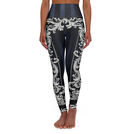 Navy Stripes & Baroque Scroll High-Waist Yoga Leggings