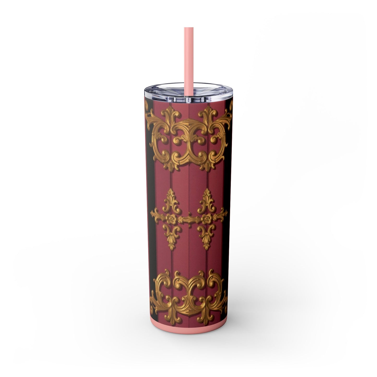 Elegant Black & Mauve Striped Gold Baroque Striped Skinny Tumbler with Straw, 20oz | Vintage Gold Accent Drinkware, Wedding Gift, Party Favor, Travel Mug