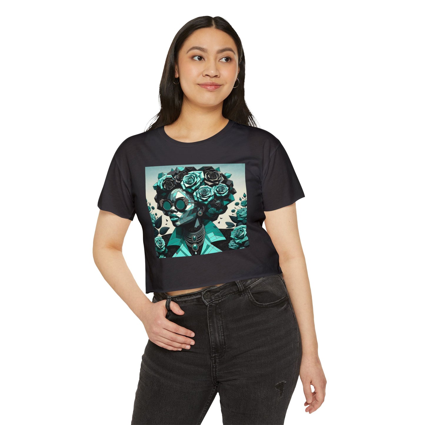 Women's Festival Crop Top with Artistic Floral Design, Boho Clothing, Trendy Summer Style, Perfect for Music Festivals - Turquoise & Black Roses Lady