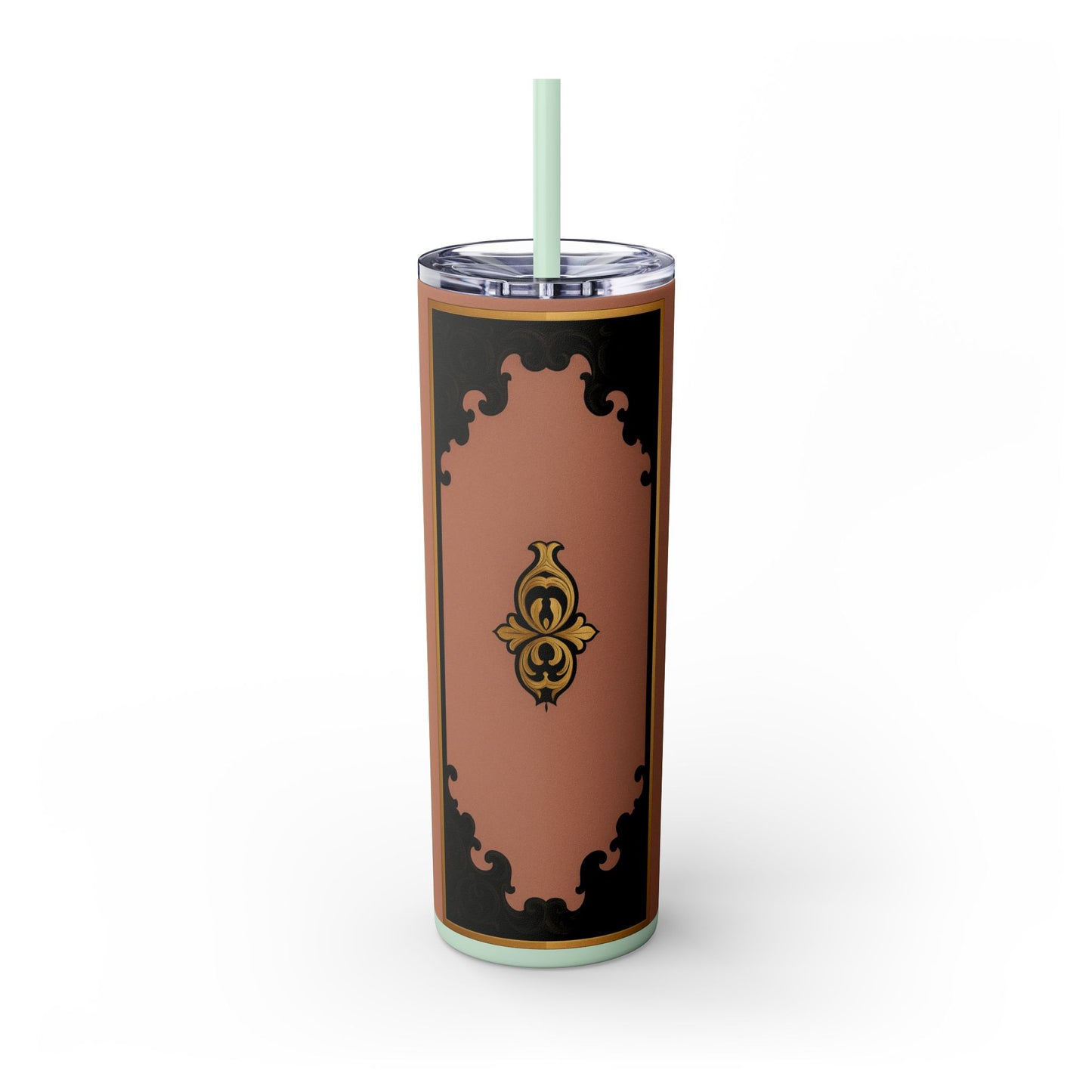 20oz Skinny Tumbler with Straw — Vintage Mauve & Black-Gold Baroque Design