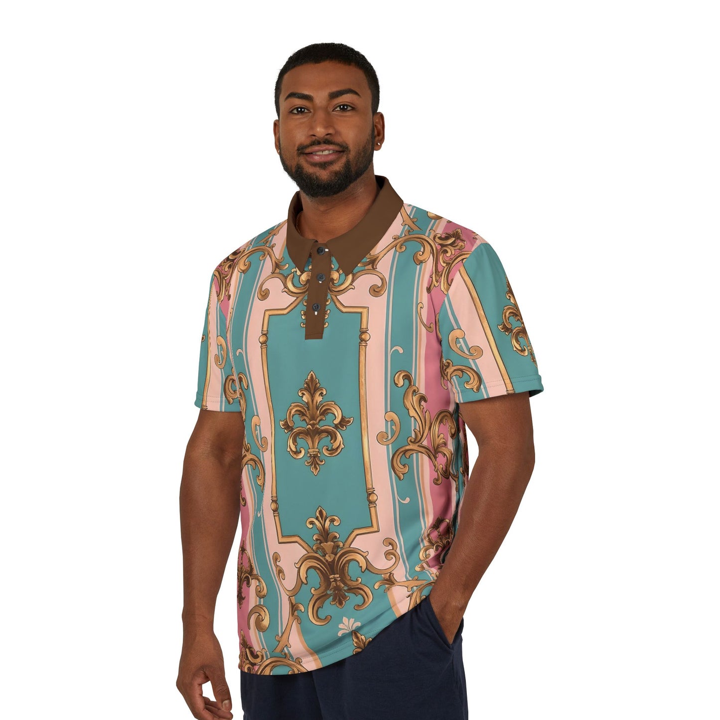 Stylish Unisex Polo Shirt, Trending Fashion Top, Casual Wear, Summer Shirt, Statement Piece, Unique Gift - Pink & Matte Turquoise Striped Rococo