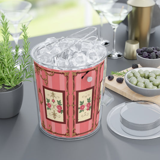 Elegant Floral Ice Bucket with Tongs for Parties and Celebrations - Pink Striped Baroque & Roses