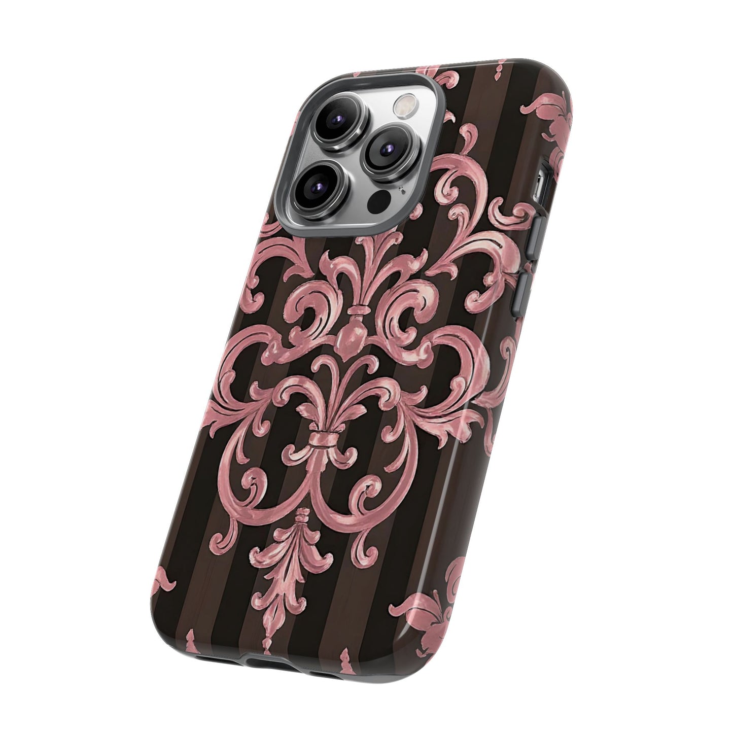 Elegant Floral Motif Phone Case - Tough Cases with Vintage Design - Brown Striped Mauve Damask