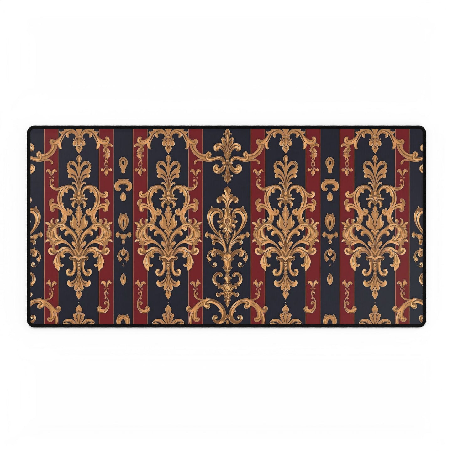 Elegant Floral Motif Desk Mat for Home Office Decor - Midnight Blue & Dusk Red Striped Gold Damask