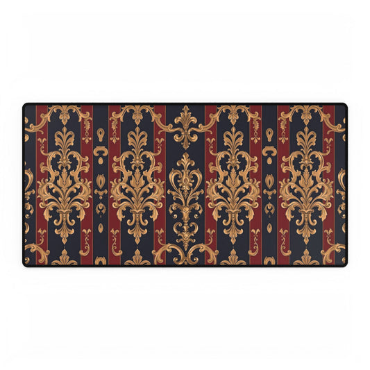 Elegant Floral Motif Desk Mat for Home Office Decor - Midnight Blue & Dusk Red Striped Gold Damask