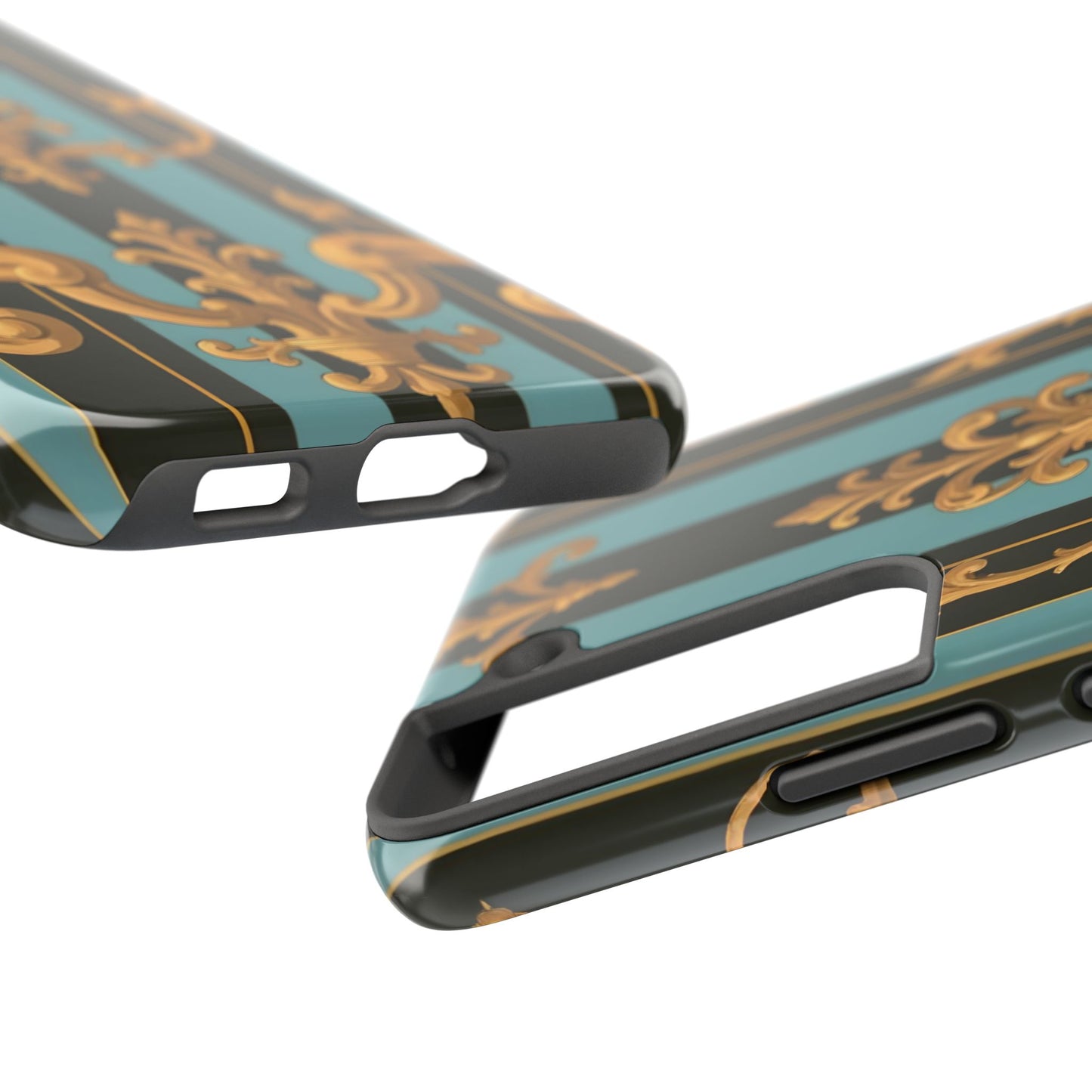 Elegant Baroque Tough Phone Case, Stylish Phone Cover, Durable iPhone Case, Unique Gift - Black & Turquoise Striped Baroque