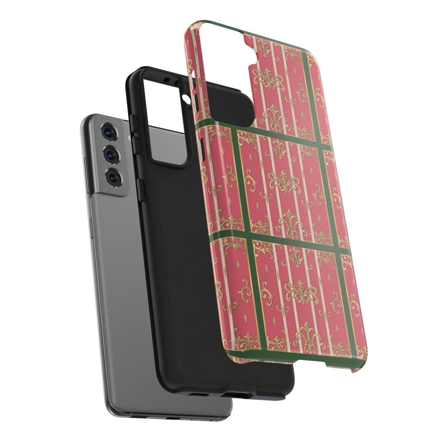 Elegant Green Border Pink Striped Baroque Phone Cases, Tough Phone Cases for Protection, Stylish Mobile Accessories, Gift for Her, Holiday Tech Gifts