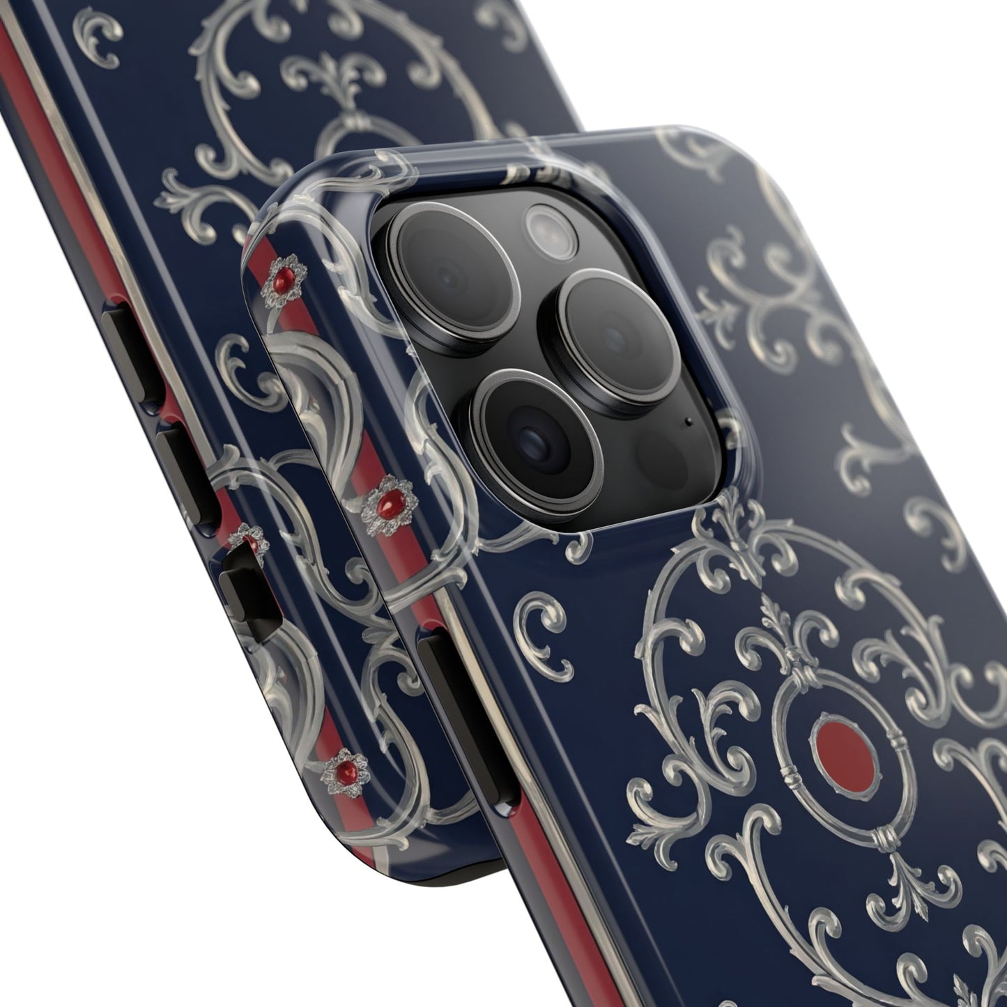 Elegant Patterned Tough Phone Cases for Stylish Protection, Gift for Her, Unique Accessories - Blue & Red Striped Silver Baroque