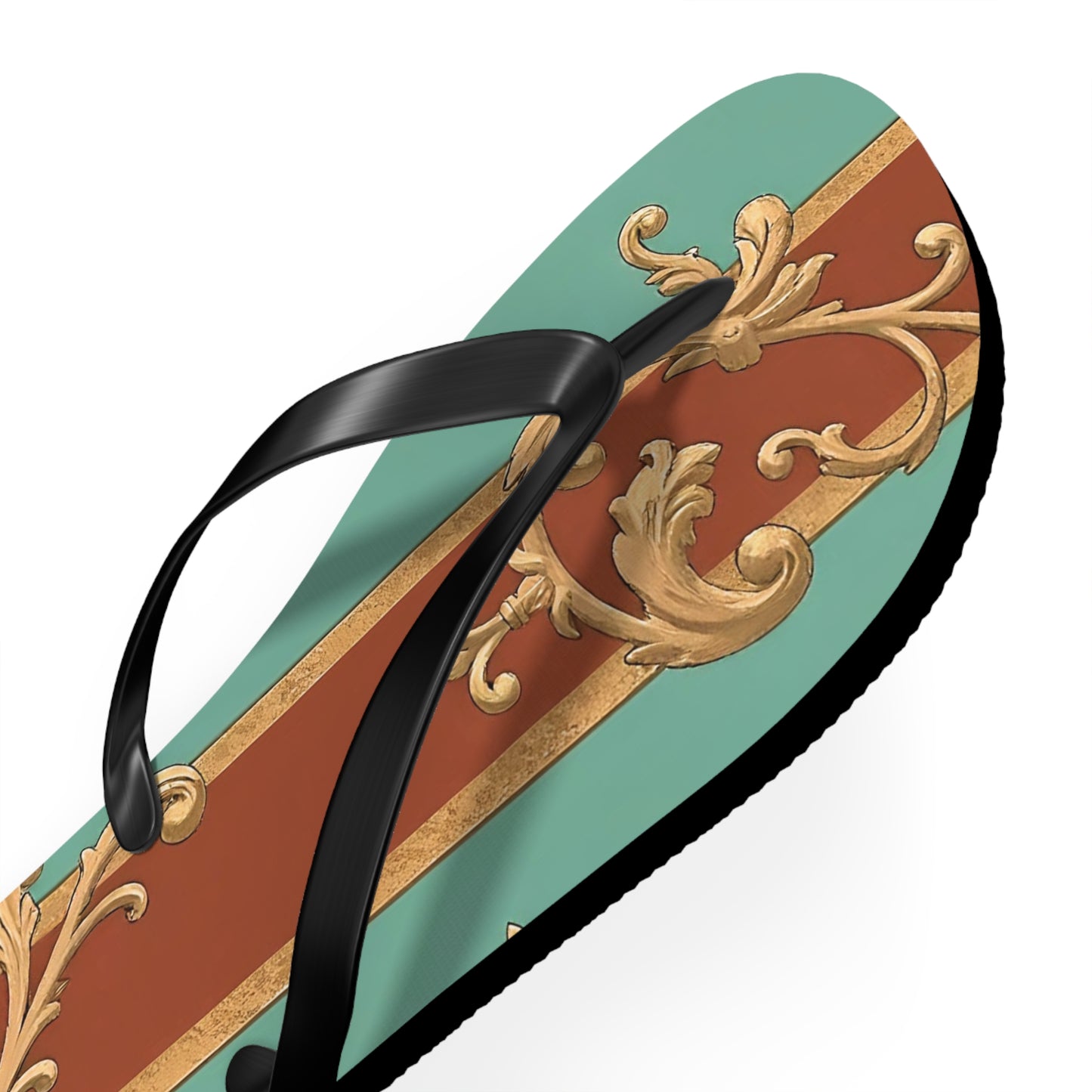 Elegant Vintage Flip Flops with Ornate Design - Perfect for Summer & Beach Getaways - Rust & Mint Aqua Striped Baroque