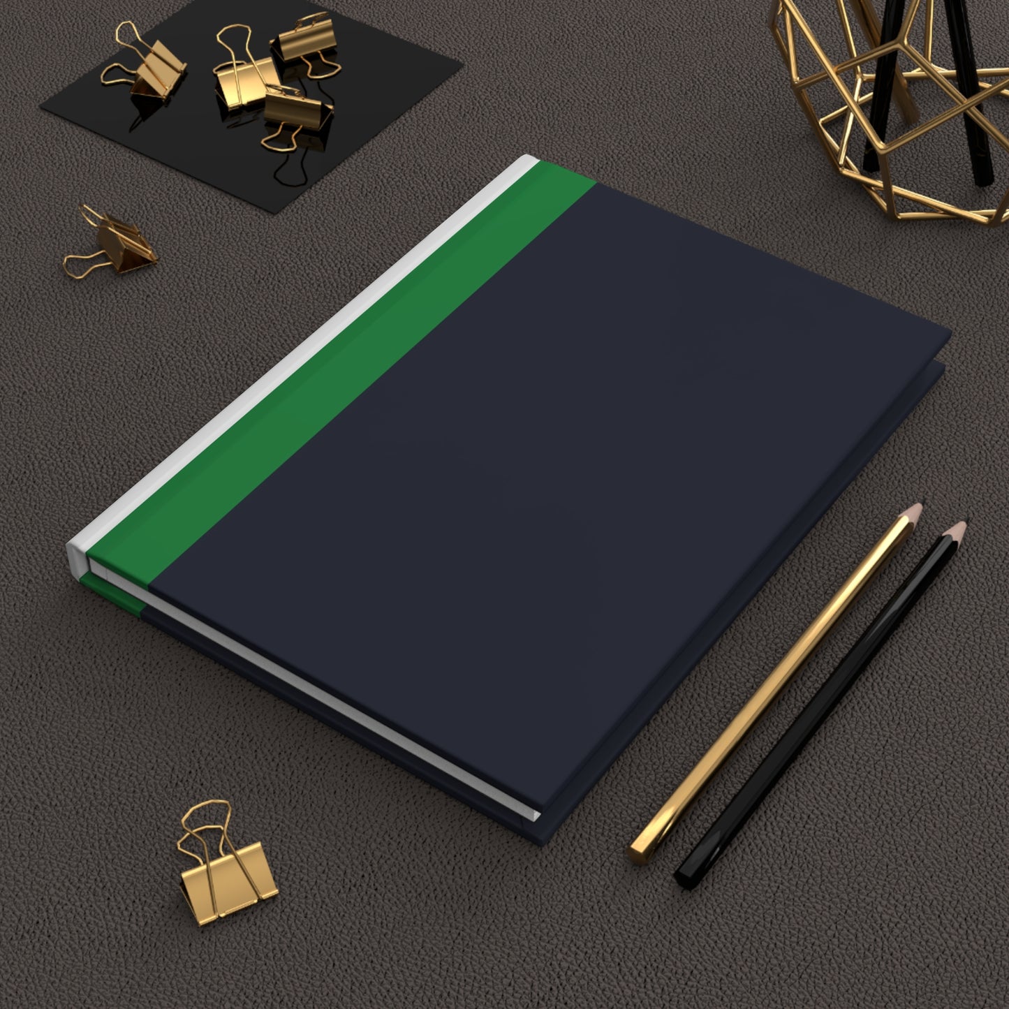 Lunar Midnight & Green-White Striped Elegant Hardcover Journal, Minimalist Notebook, Daily Planner, Green Accent Journal, Gift for Writers & Students