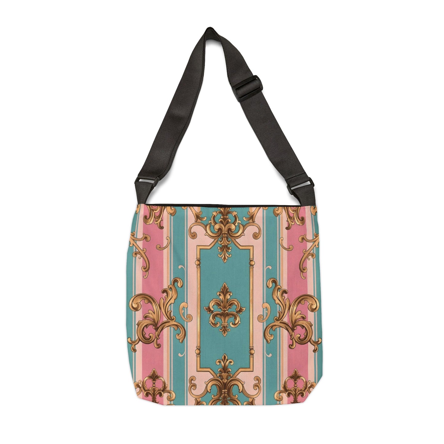 Elegant Vintage Floral Adjustable Tote Bag, Stylish Handbag, Everyday Use, Gift for Her - Pink & Matte Turquoise Striped Rococo