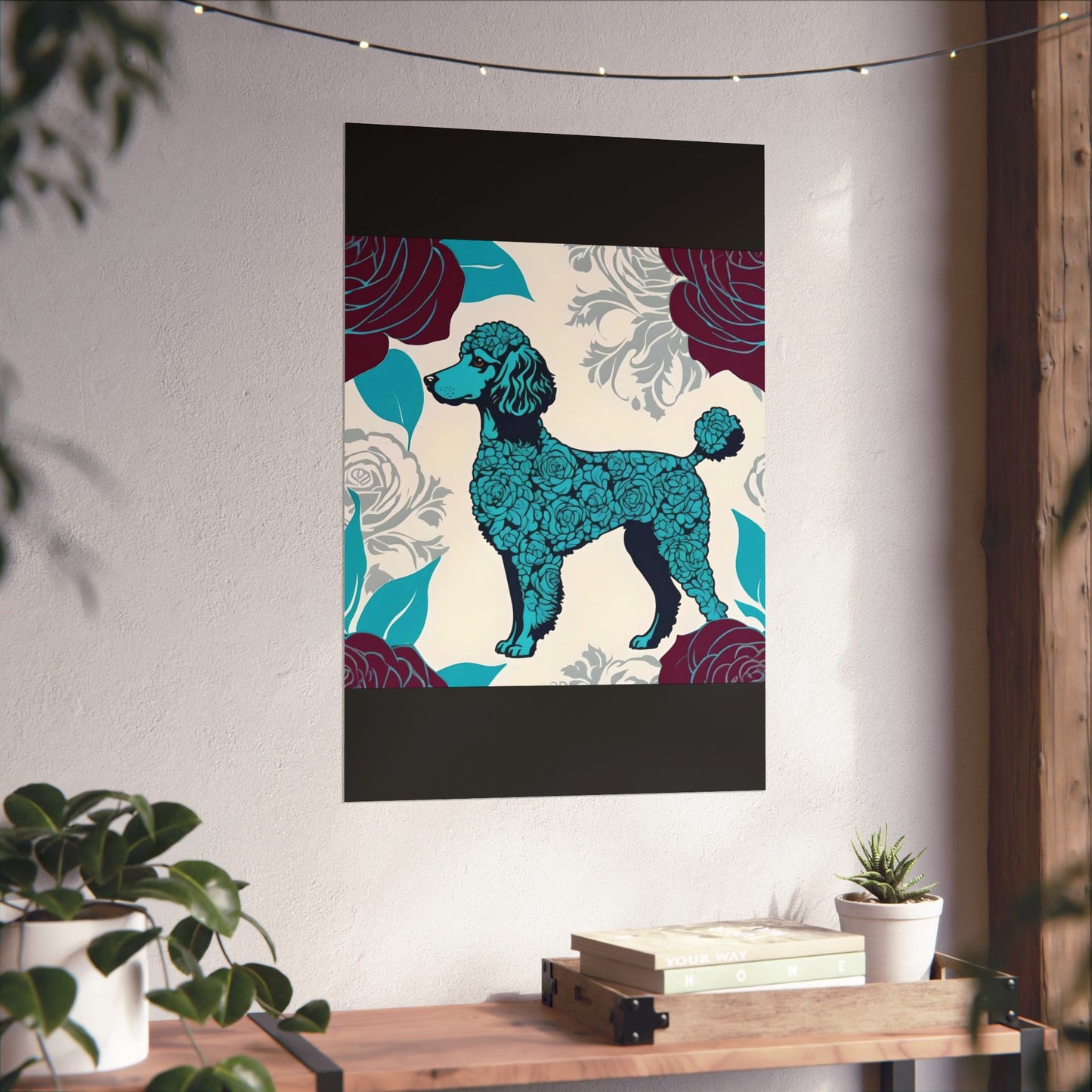 Vertical Poster - Elegant Matte Floral Art Wall Decor - Rose Inspired Turquoise Poodle With Burgundy Roses