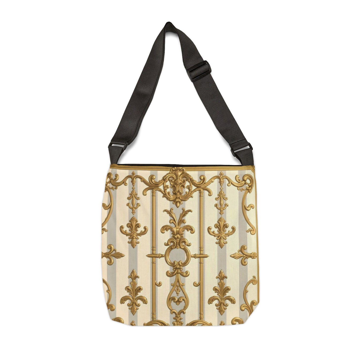 Elegant Gold Pattern Adjustable Tote Bag, Fashion Handbag, Travel Tote, Gift for Her, Everyday Use - Matte Gray & Cream Striped Gold Baroque