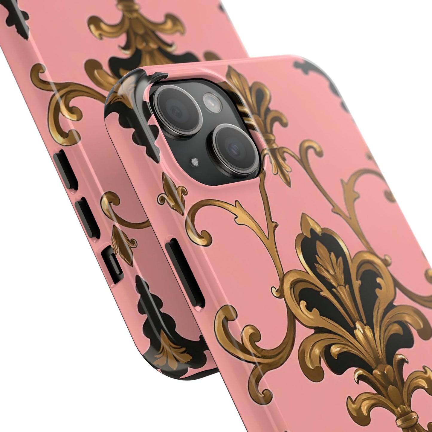 Chic Tough Phone Cases with Floral Design, Elegant Phone Cover, Durable Smartphone Case, Stylish Tech Accessory - Pink, Black & Gold Rococo