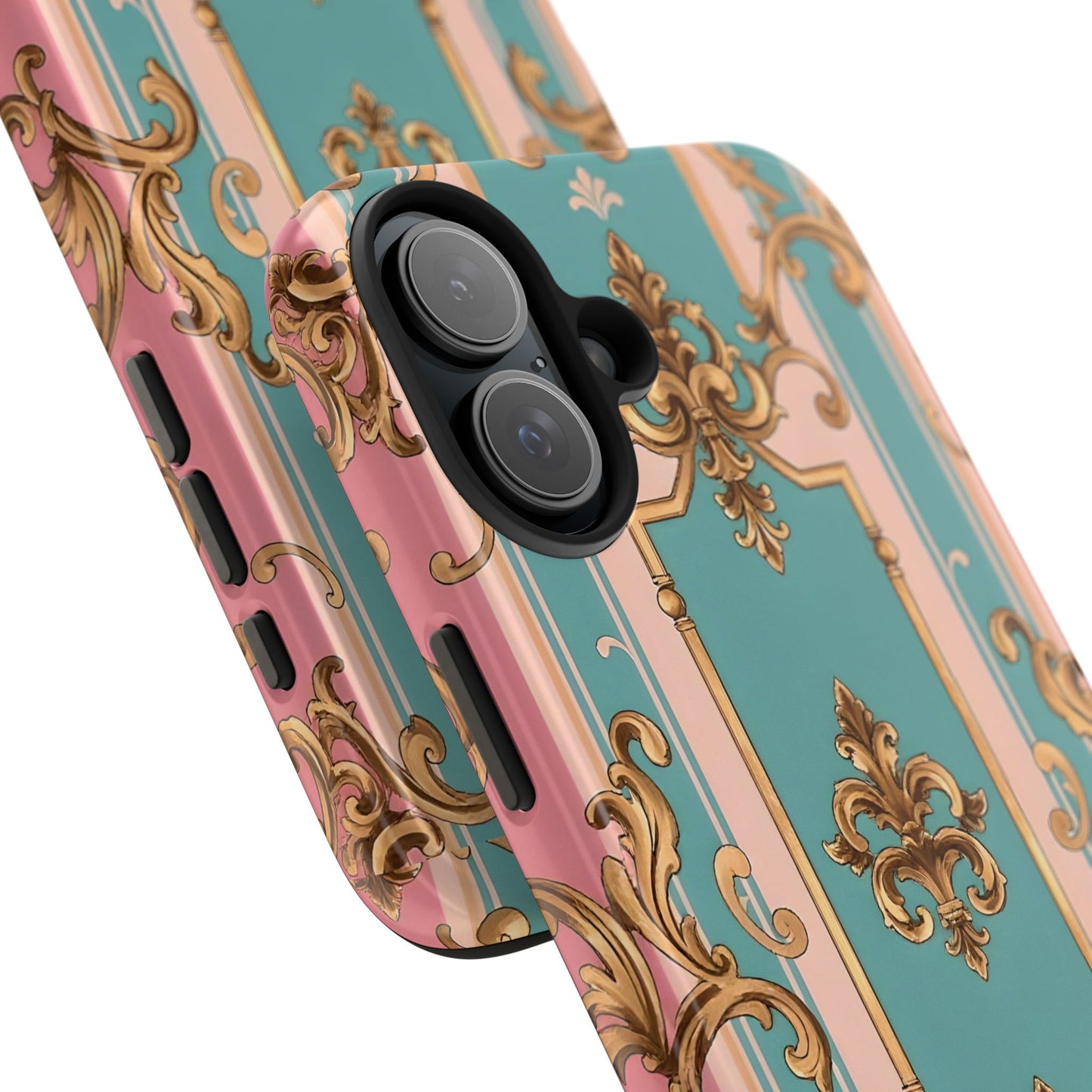 Elegant Floral Tough Phone Case, Artistic Phone Cover, Gift for Her, Chic Phone Accessory - Pink & Matte Turquoise Striped Rococo