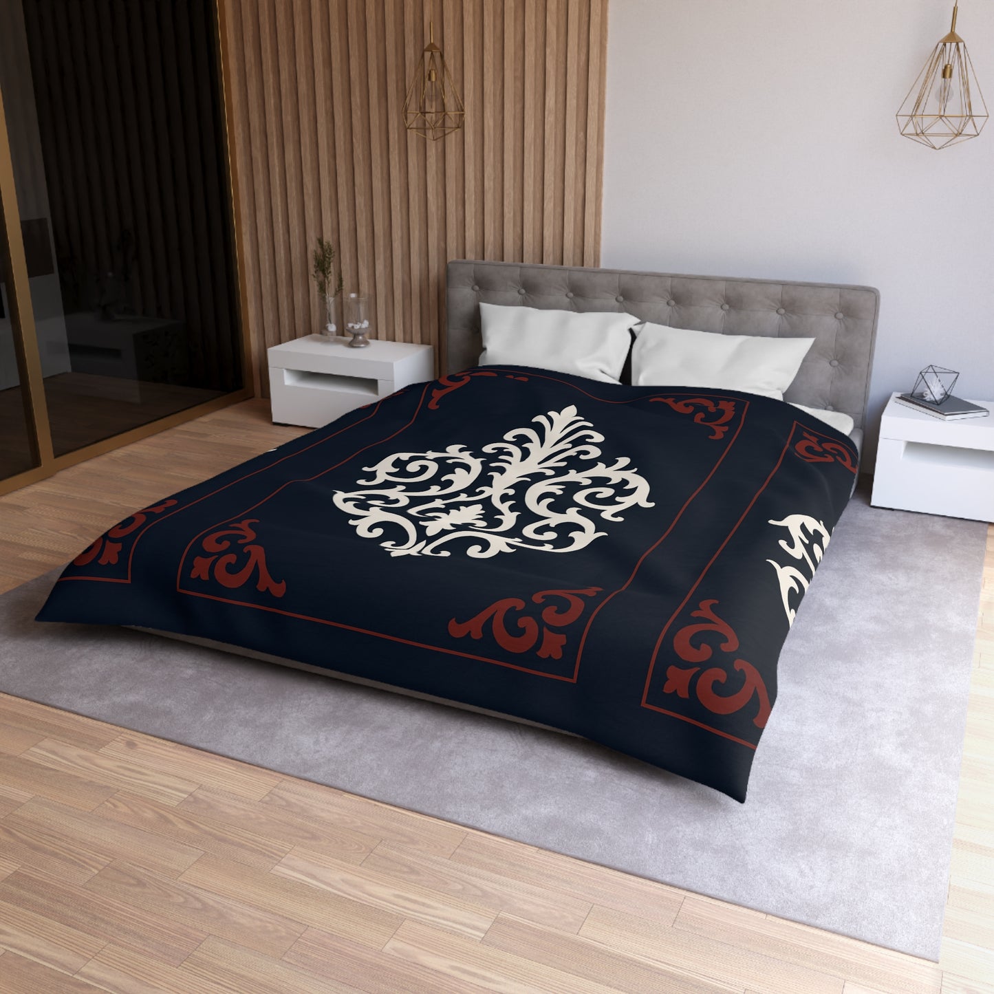 Dusk Blue-Maroon & White Baroque Microfiber Duvet Cover — Dusk Blue & White Decorative Bedding