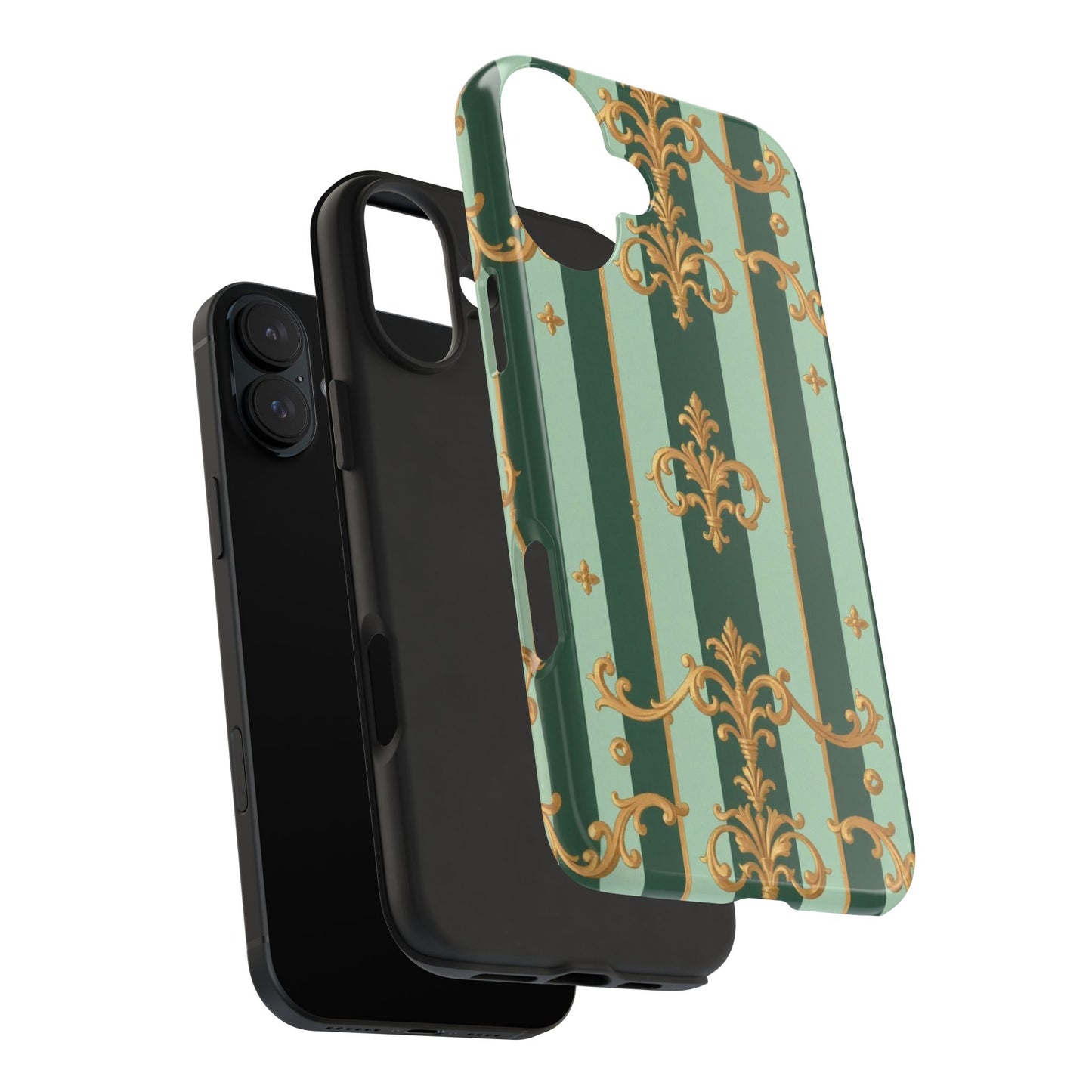 Elegant Floral Tough Phone Cases | Stylish Phone Protection, Gift for Her, Trendy Accessory, Unique Decor - Mint Green & Teal Striped Gold Baroque