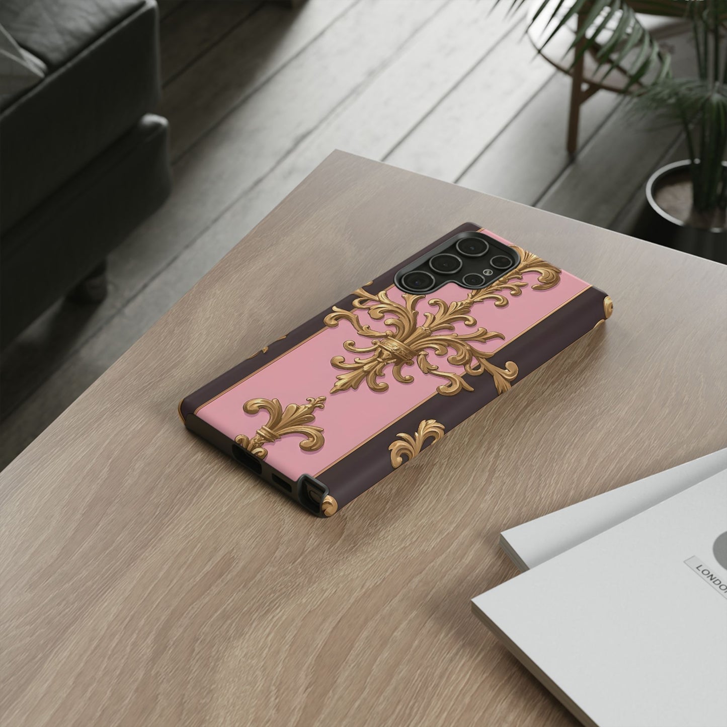 Elegant Floral Motif Phone Case - Tough Cases with Vintage Design - Pink & Brown Striped Gold Damask
