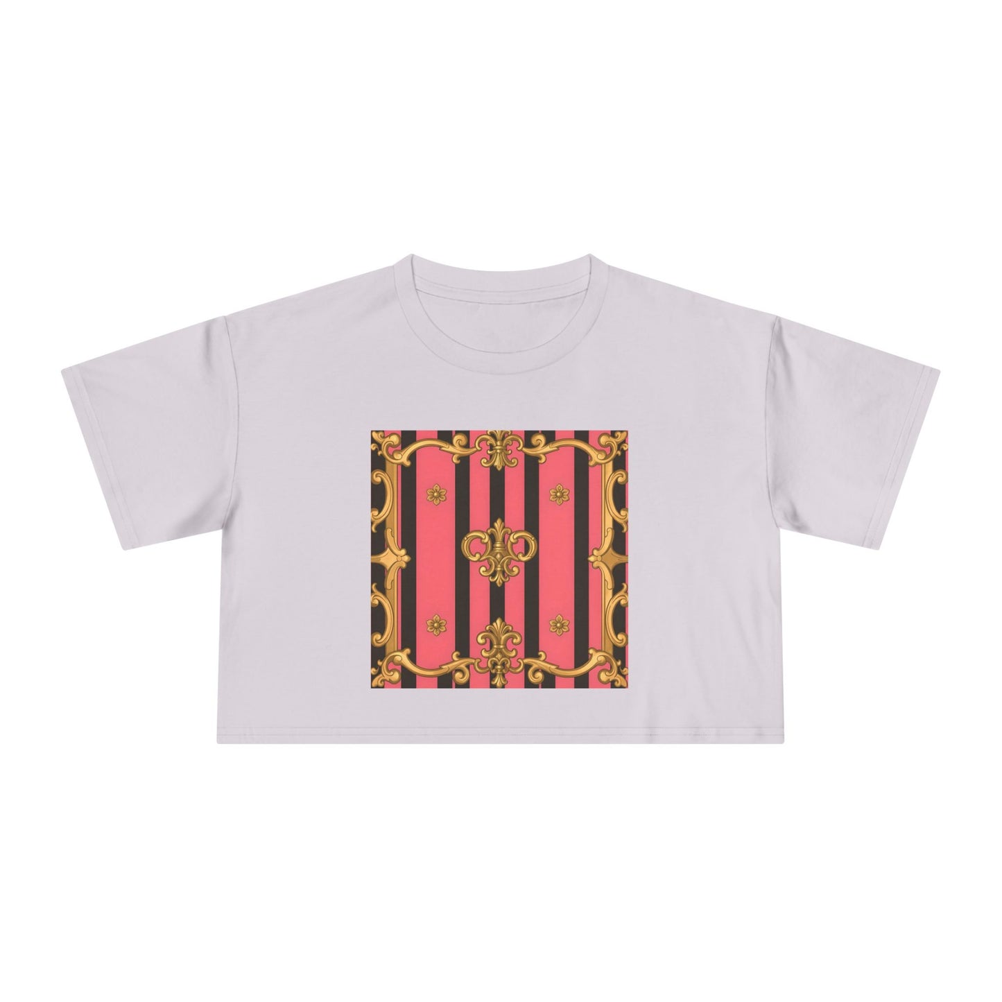 Chic Vintage-Inspired Women's Crop Tee, Stylish Summer Top, Trendy Fashion Tee, Baroque Casual Wear - Pink & Black Striped Gold Baroque