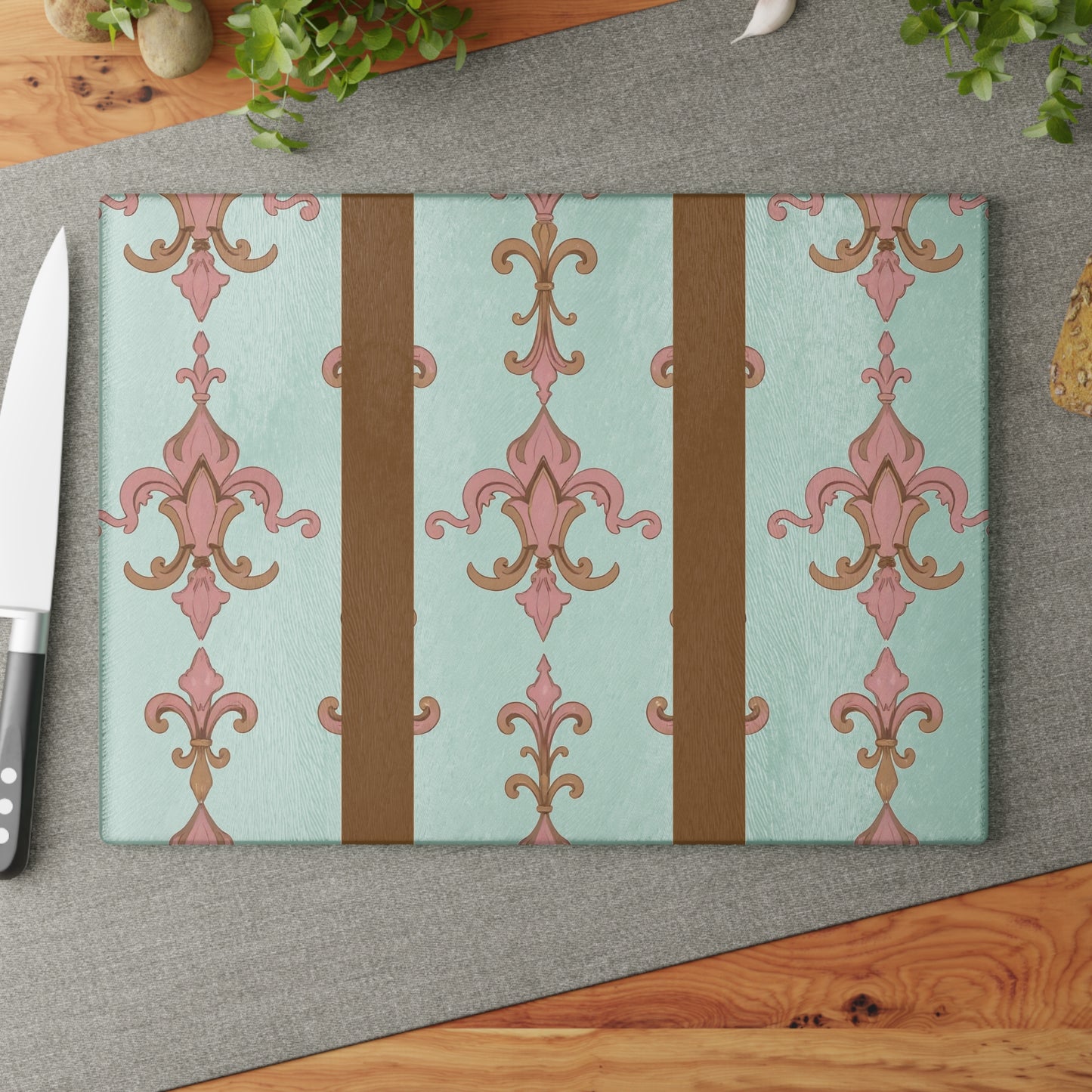 Elegant Floral Glass Cutting Board | Kitchen Decor, Wedding Gift, Home Cooking, Housewarming, Stylish Chopping Board - Brown Striped Pink Arabesque
