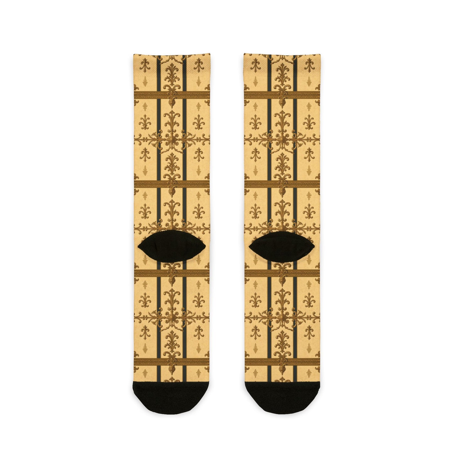 Rococo Patterned Socks | Cozy Footwear Gifts for Her, Unique Home Accessories, Stylish Crew Socks - Matte Yellow Striped Antique Rococo
