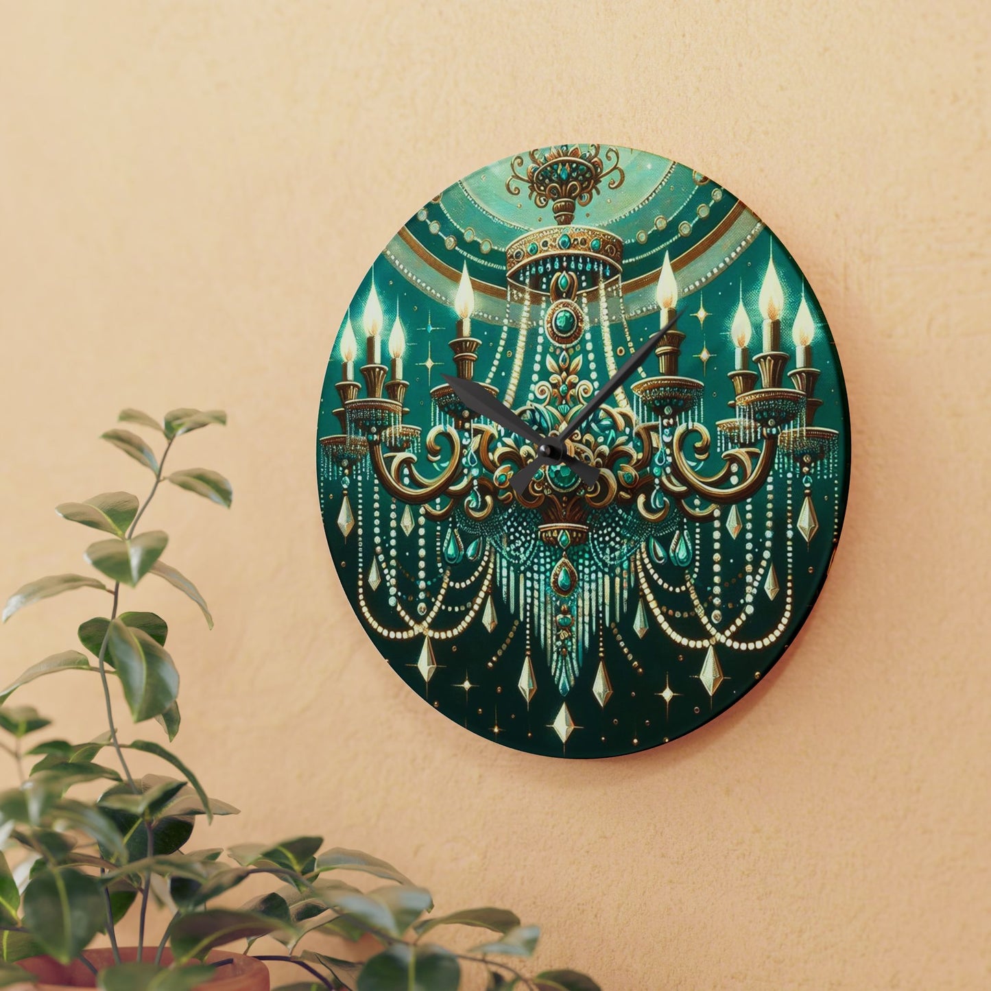 Chic Chandelier Acrylic Wall Clock, Elegant Home Decor, Modern Timepiece, Unique Gift, Wall Art - Green & Gold Jeweled Chandelier