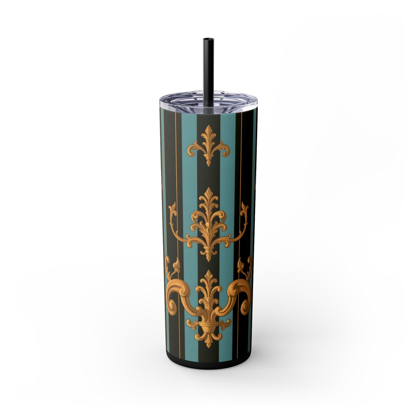 Elegant Vintage Skinny Tumbler with Straw, 20oz | Gold Floral Pattern, Reusable Drinkware, Perfect for Home - Black & Turquoise Striped Baroque