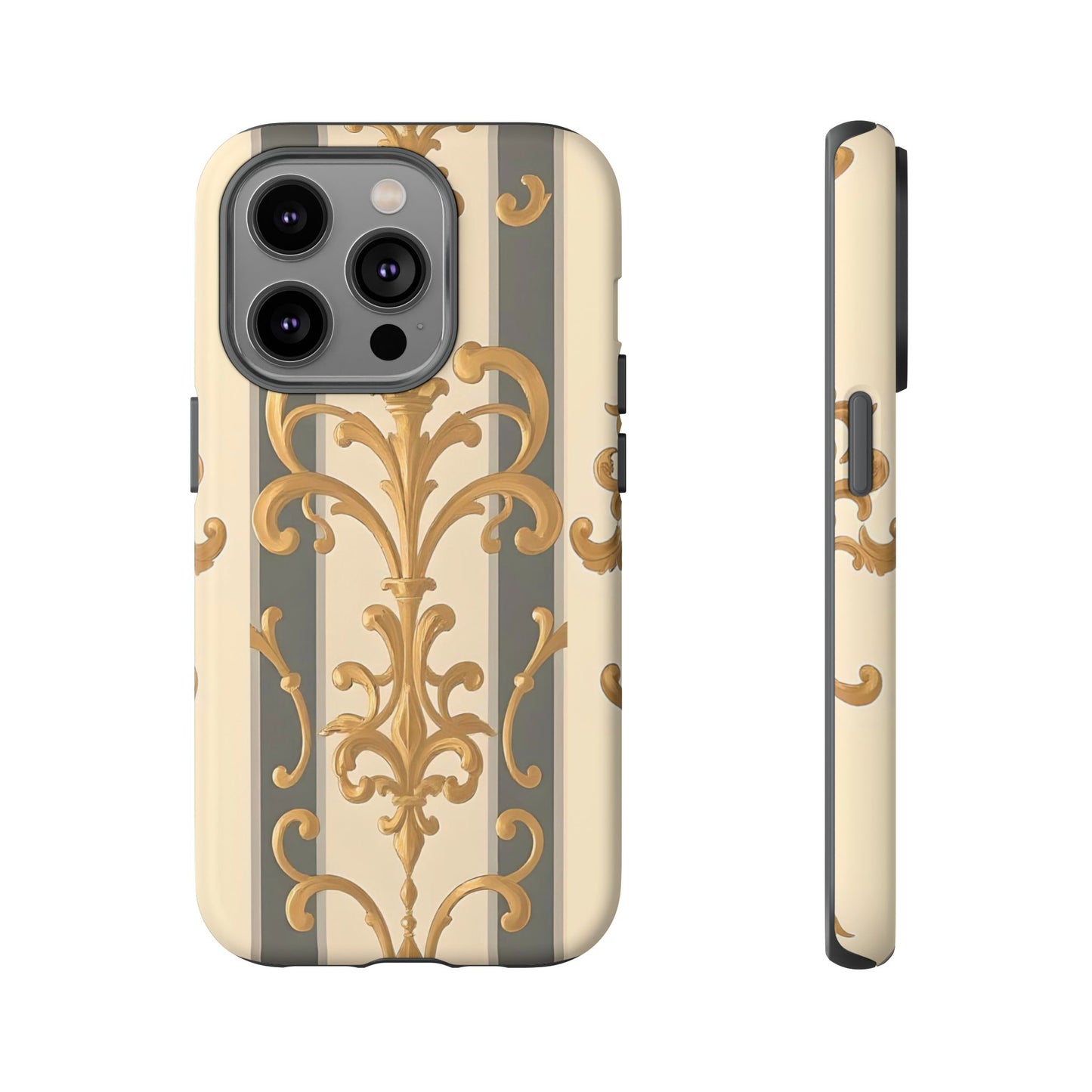 Elegant Floral Motif Phone Case - Tough Cases with Vintage Design - Dusk Olive Striped Gold Damask