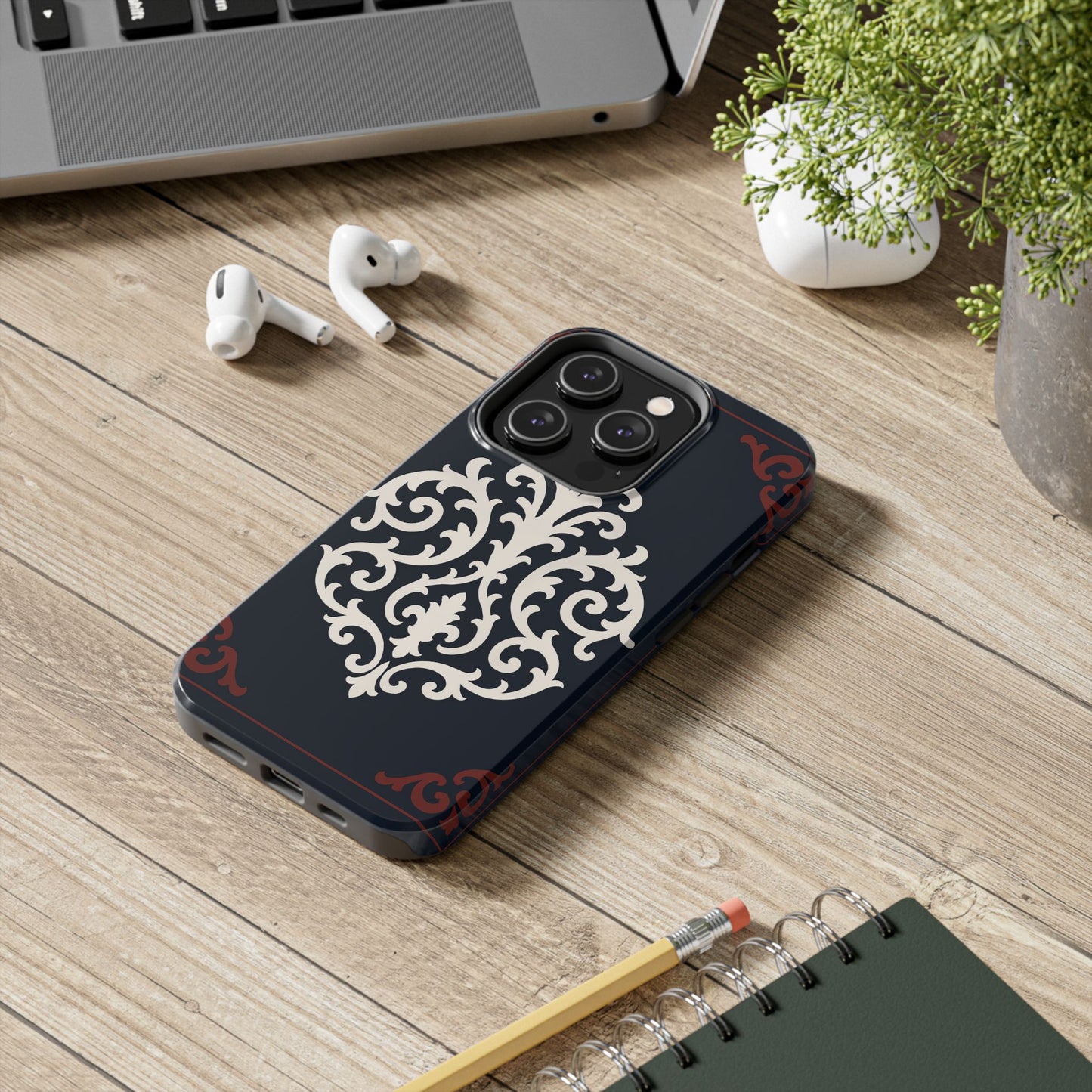 Dusk Blue-Maroon & White Baroque Tough Phone Case — Vintage Scroll Design