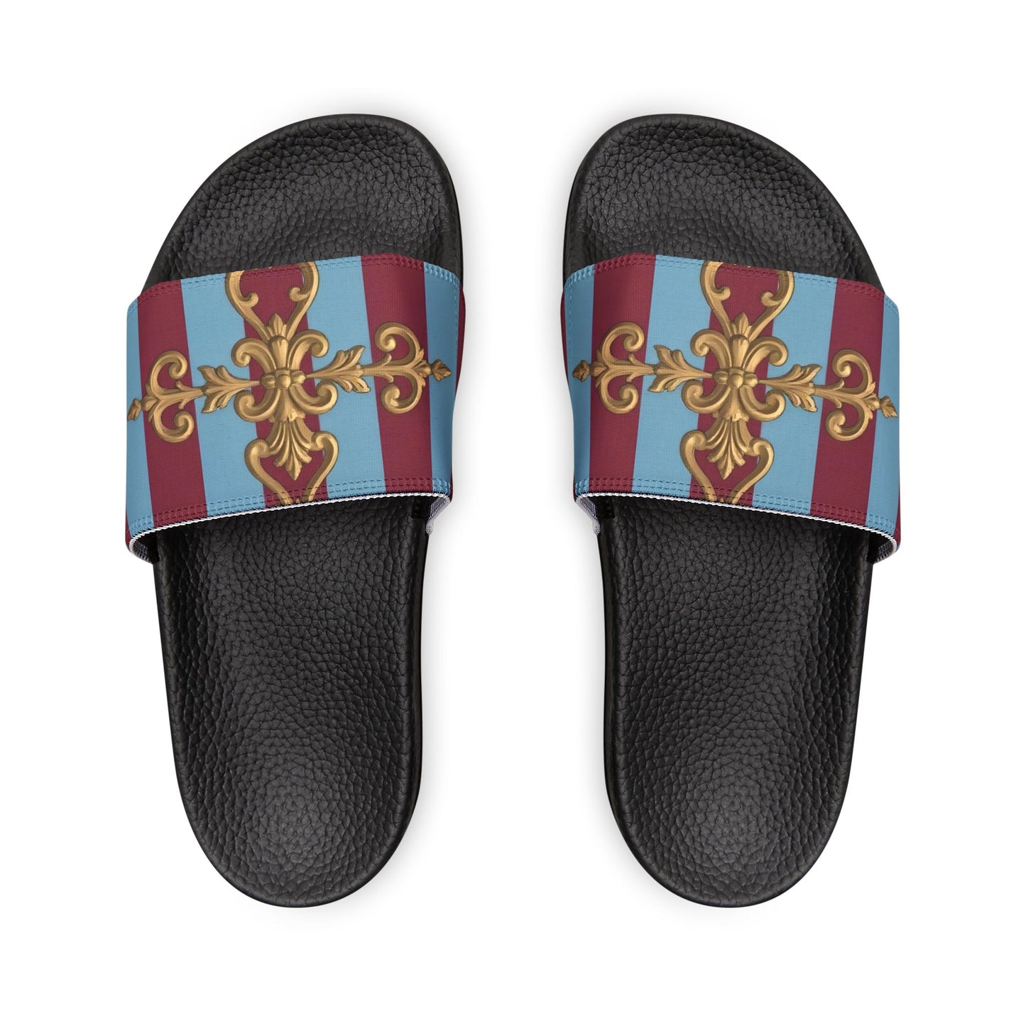 Chic Women's Sandals with Removable Straps, Stylish Flip Flops, Beach Footwear, Summer Fashion - Sky Blue & Maroon Striped Baroque