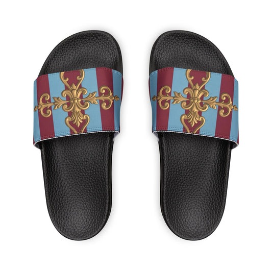 Chic Women's Sandals with Removable Straps, Stylish Flip Flops, Beach Footwear, Summer Fashion - Sky Blue & Maroon Striped Baroque