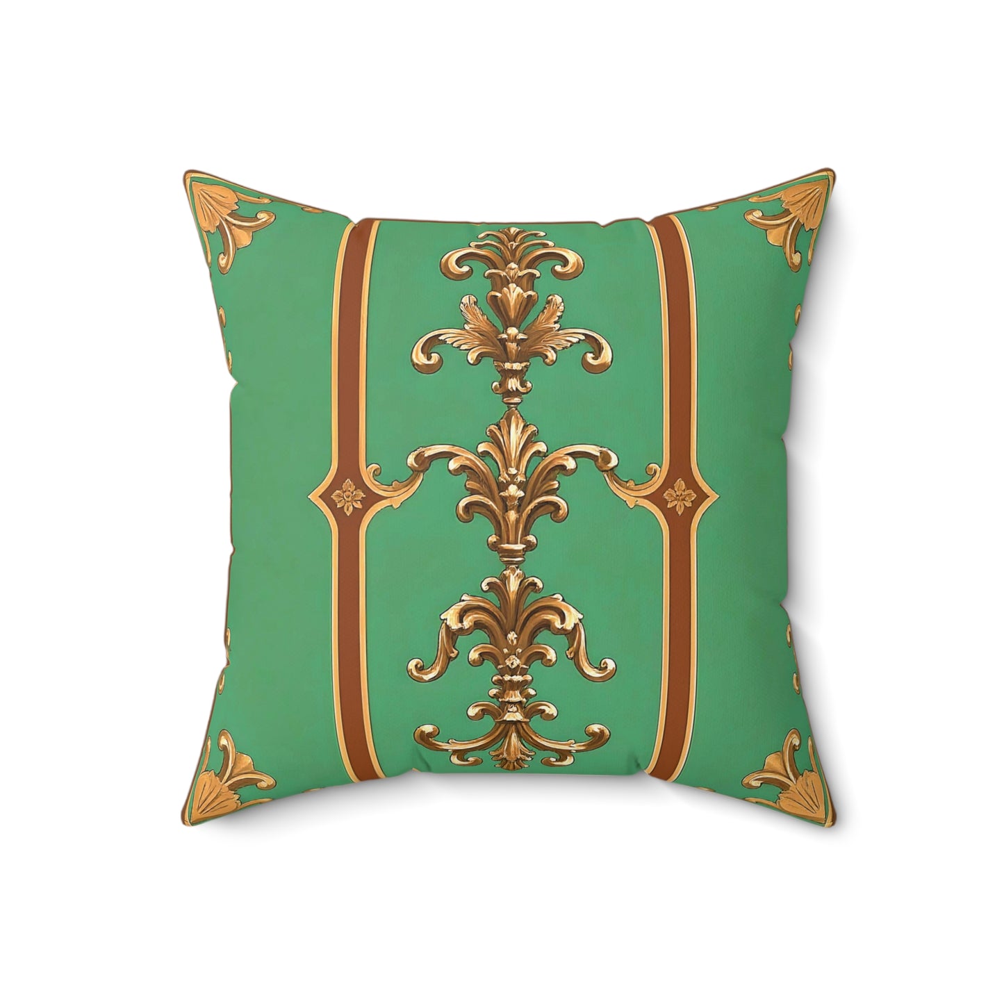 Elegant Faux Suede Square Pillow with Vintage Gold Design - Rust & Green Striped Baroque