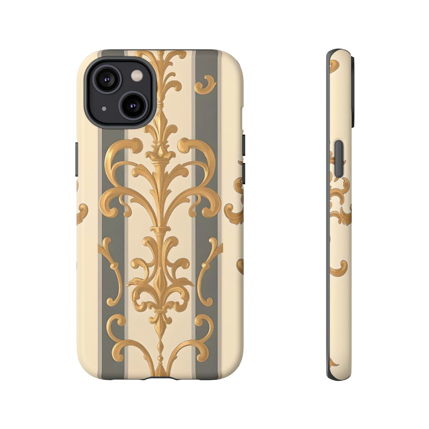 Elegant Floral Motif Phone Case - Tough Cases with Vintage Design - Dusk Olive Striped Gold Damask