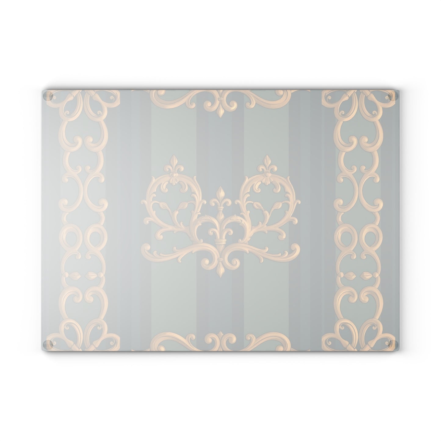 Elegant Vintage Glass Cutting Board with Ornate Design - Smoky Blue & Teal Striped Baroque