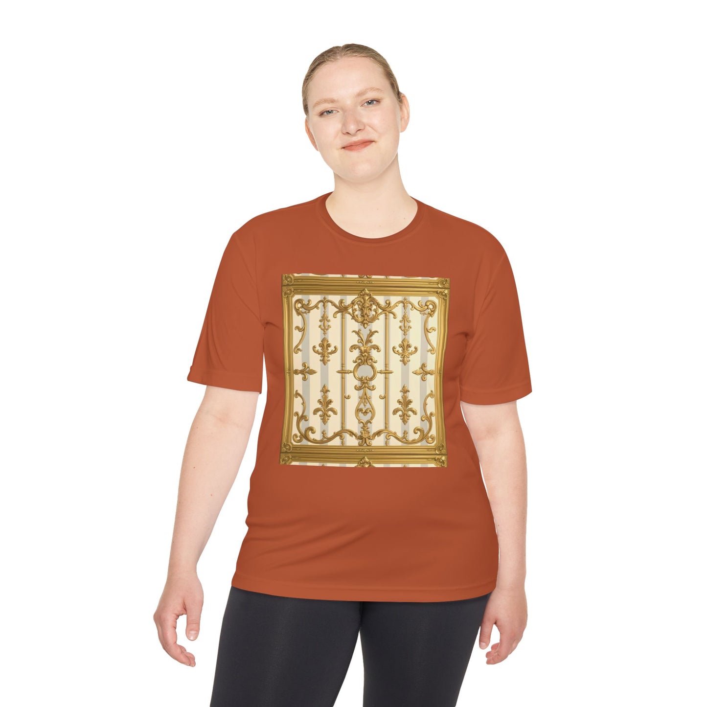 Elegant Gold Unisex Moisture Wicking Tee, Fashion Tee, Workout Shirt, Summer Style - Matte Gray & Cream Striped Gold Baroque
