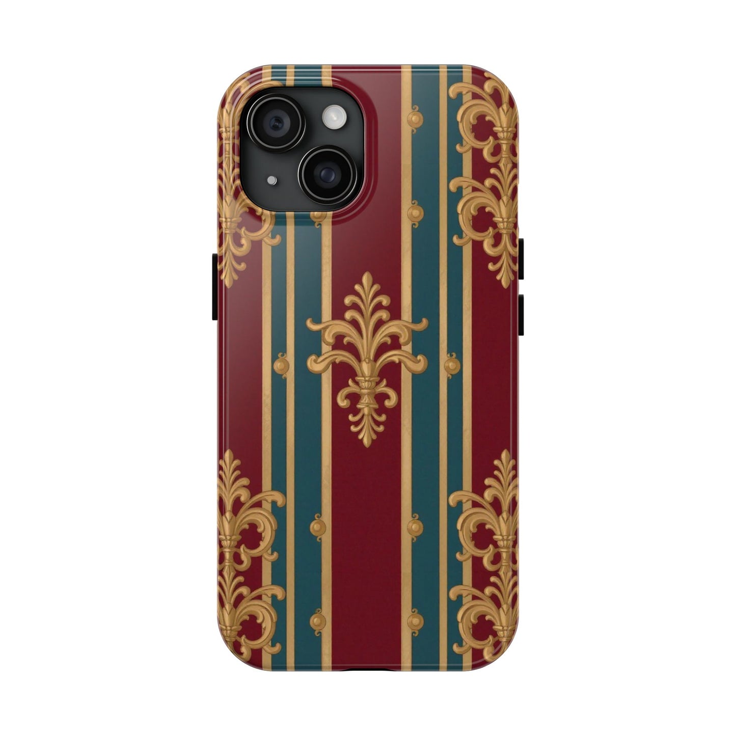 Elegant Vintage Tough Phone Case, Luxury Phone Protection, Stylish Phone Cover, Durable Phone Accessory - Burgundy Striped Gold Baroque