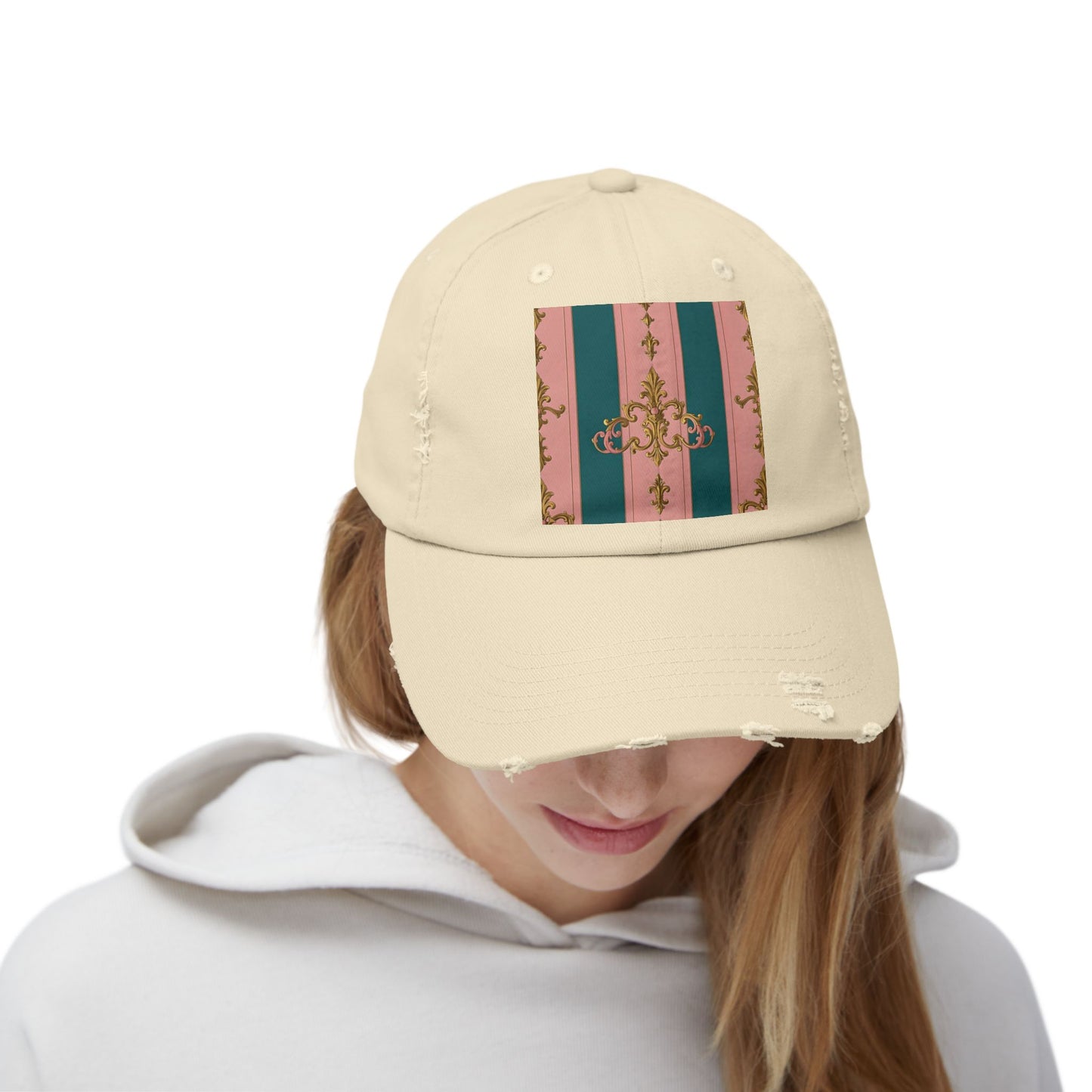 Chic Vintage Distressed Cap, Trendy Unisex Baseball Hat, Fashionable Everyday Wear - Pink & Teal Striped Gold Baroque