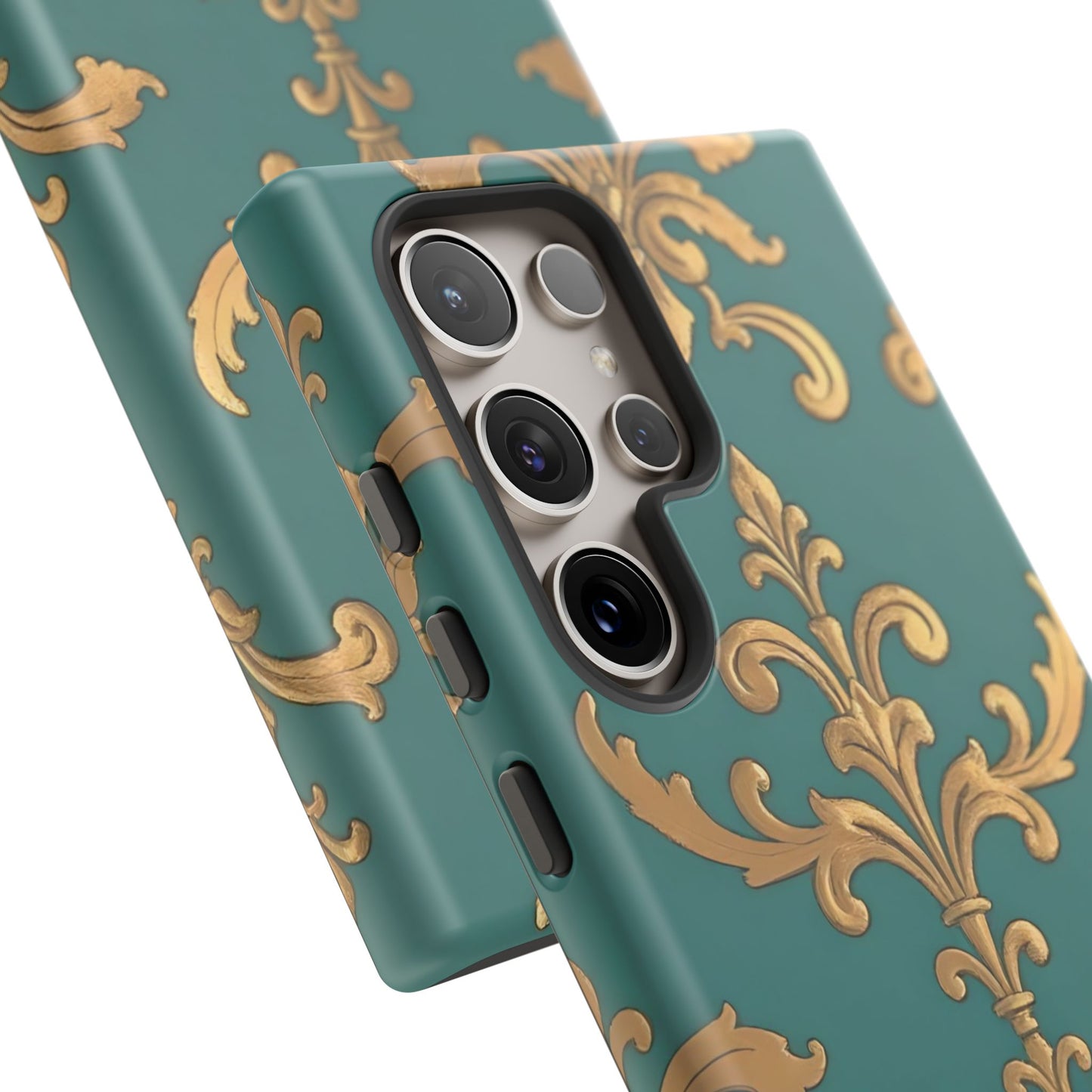 Elegant Floral Motif Phone Case - Tough Cases with Vintage Design - Aqua & Gold Damask