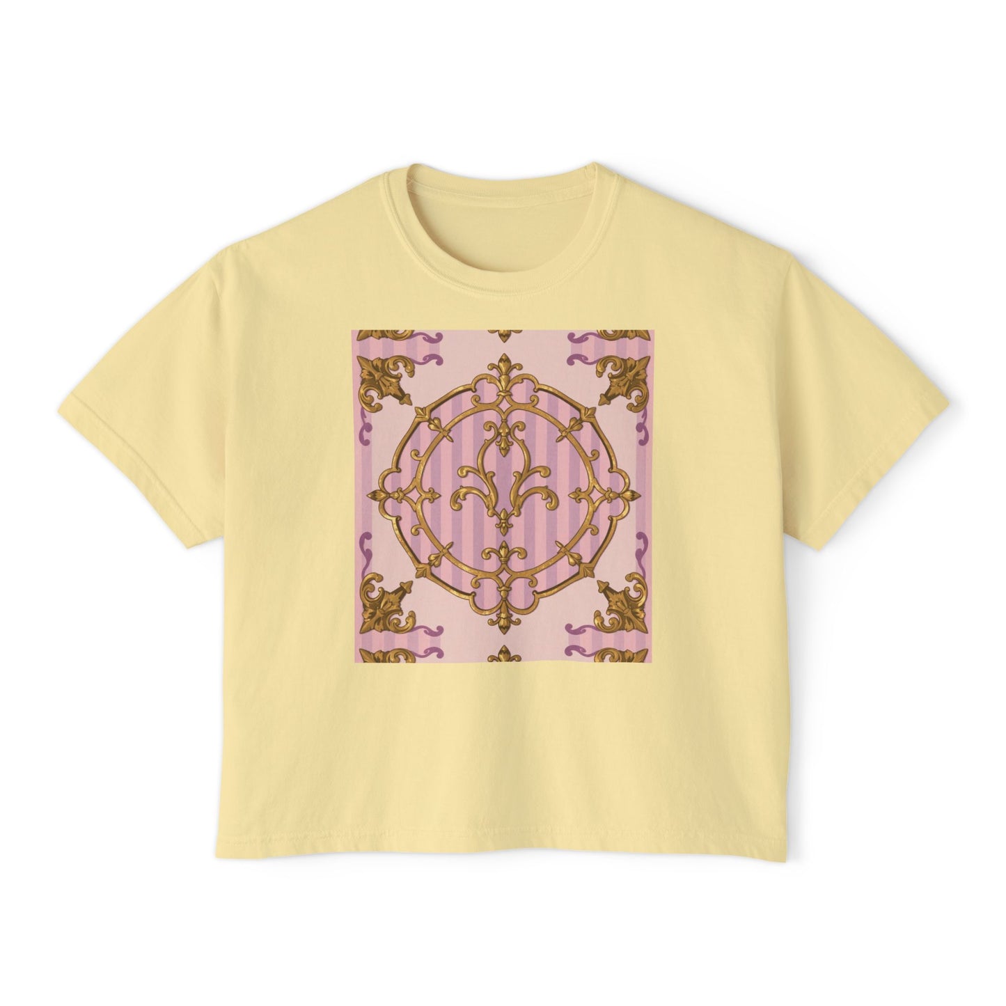 Chic Women's Boxy Tee with Elegant Lavender & Alabaster Striped Gold Baroque Design, Casual Top, Birthday Gift, Stylish Tee, Everyday Wear