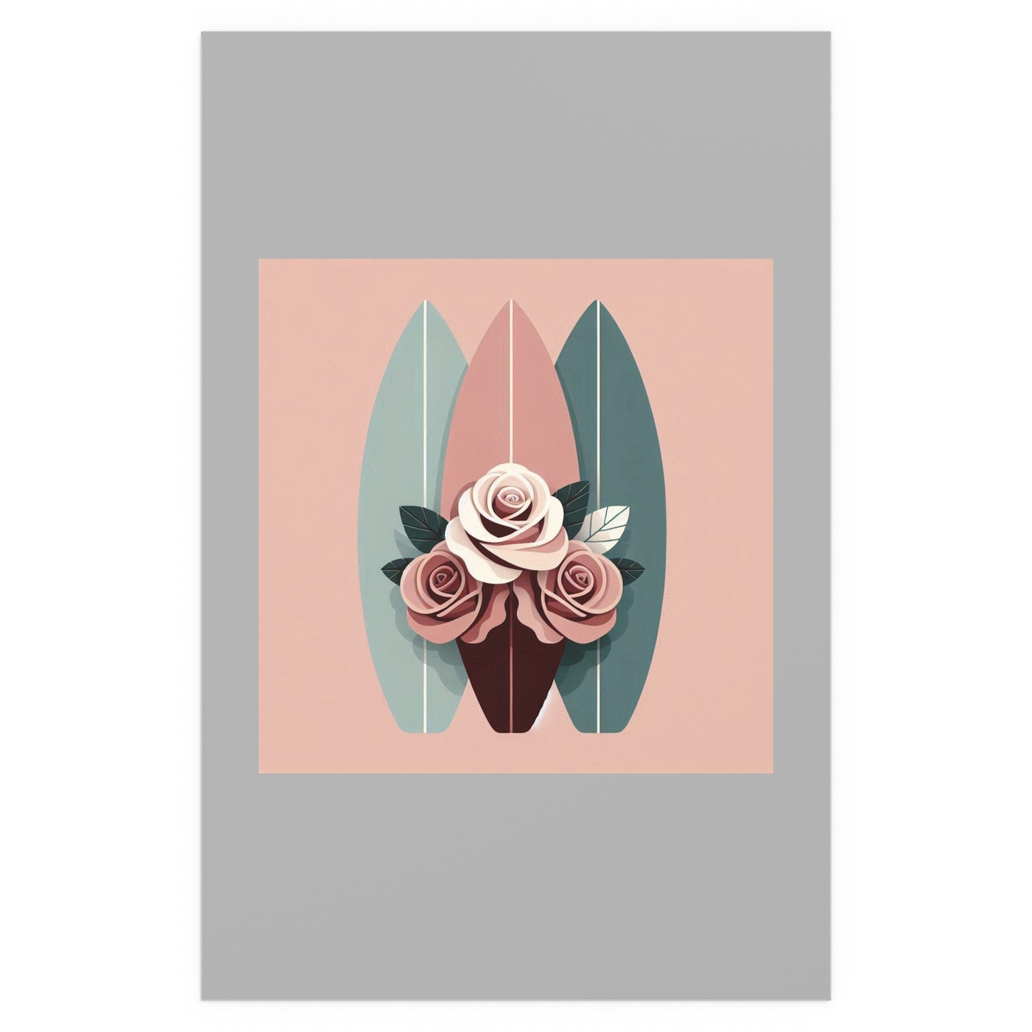 Elegant Floral Silk Poster - Indoor/Outdoor Wall Art for Home Decor - Burgundy, Matte Mauve & Teal Surfboard & Roses