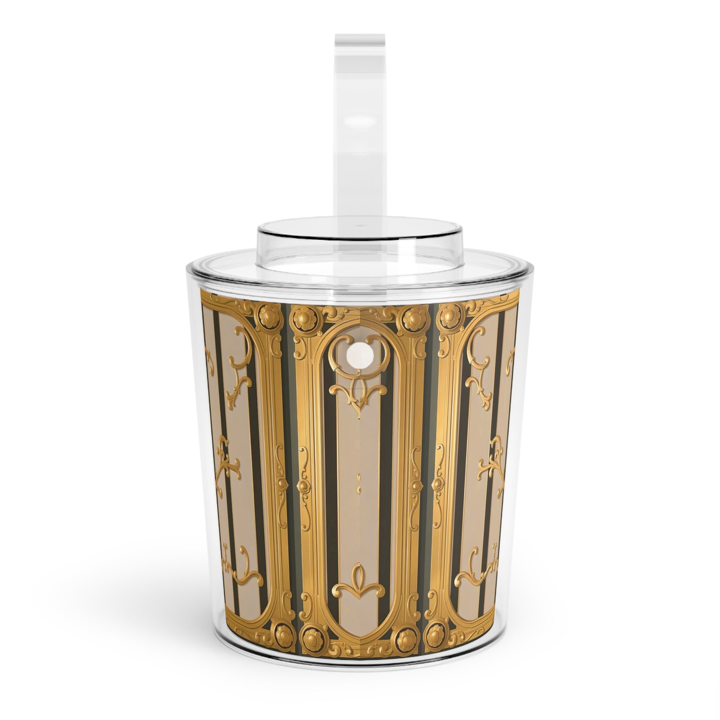 Elegant Decorative Ice Bucket with Tongs, Perfect for Parties, Weddings, Barbecues, Gift for Beverage Lovers - Beige Striped Gold Rococo