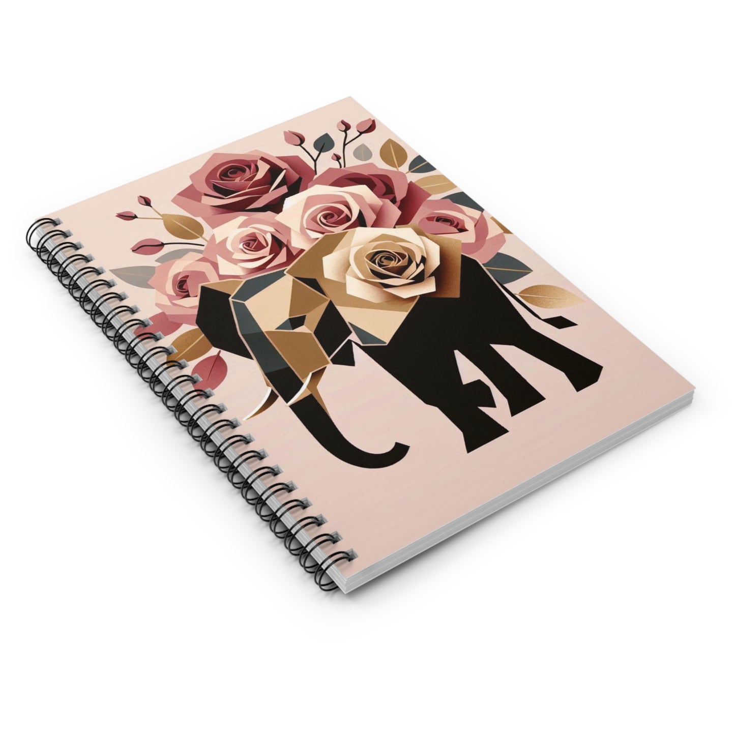 Stylish Elephant Spiral Notebook - Ruled Line with Floral Design -  Black & Gold Elephant & Roses Design