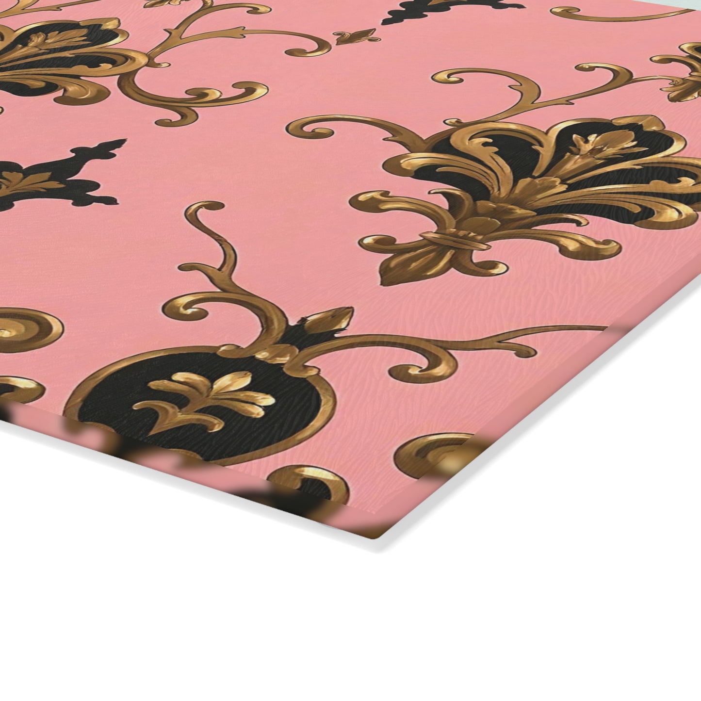 Elegant Pink Floral Glass Cutting Board with Gold Accents, Kitchen Decor, Gift for Home Cooking, Wedding Gift - Pink, Black & Gold Rococo