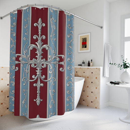 Elegant Vintage Shower Curtain | Decorative Bathroom Décor with Ornate Design - Ice Blue & Burgundy Striped Baroque