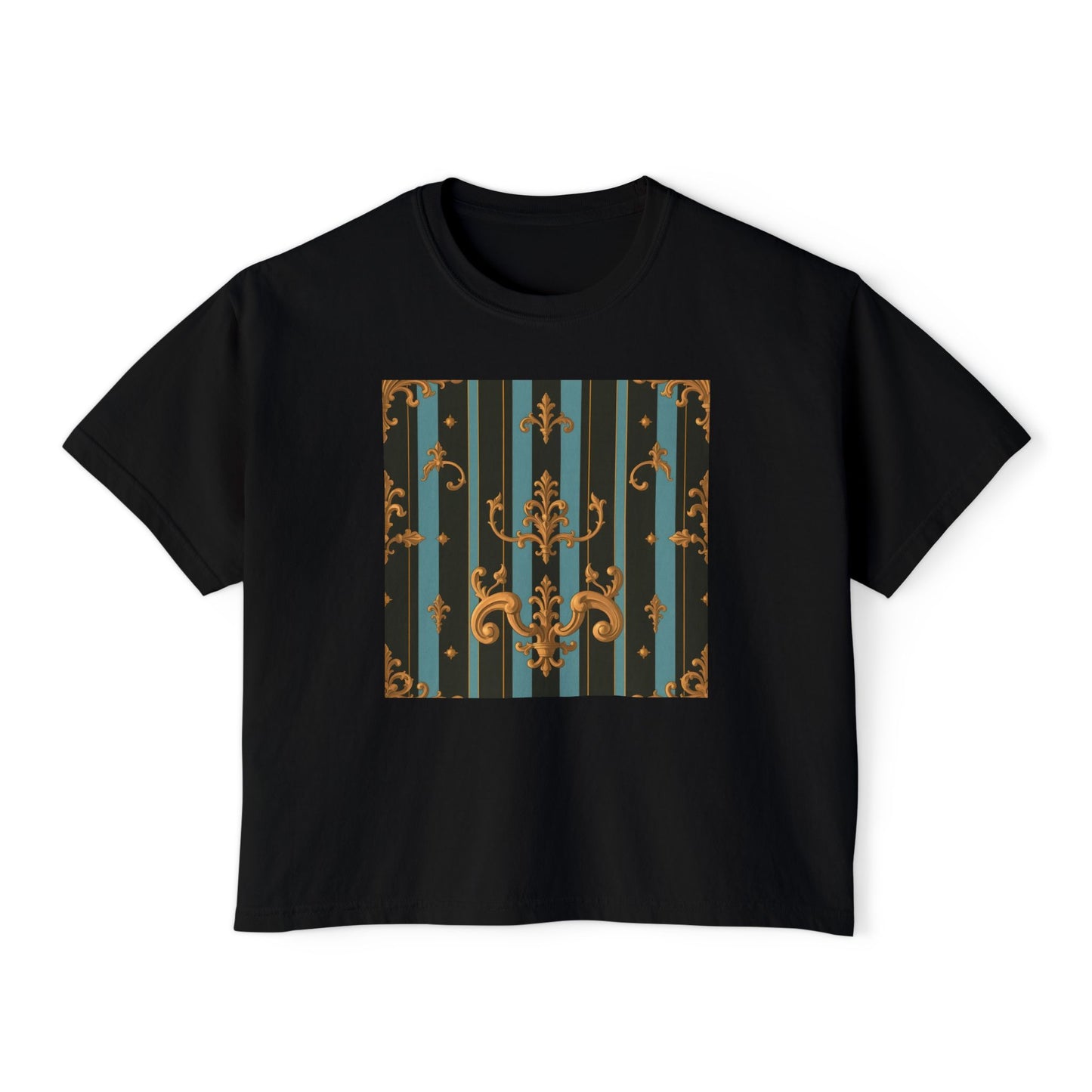 Chic Women's Boxy Tee with Elegant Vintage Design, Casual Outfit, Gift for Her, Summer Style, Fashion Tee - Black & Turquoise Striped Baroque