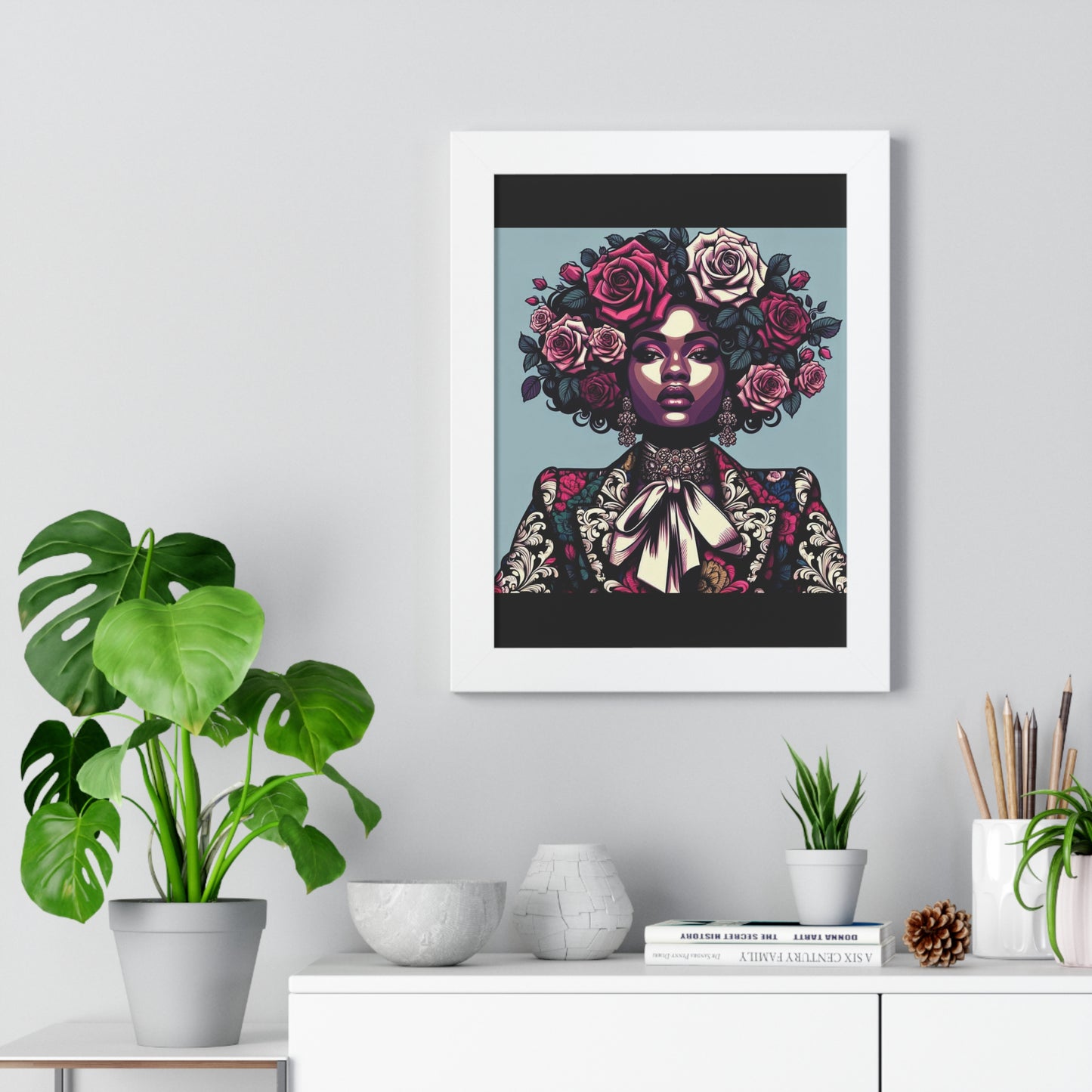 Vertical Poster -  Lady In Damask Suit & Roses Wall Art