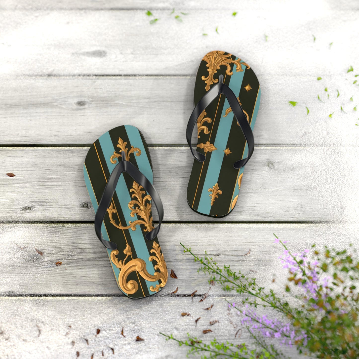 Elegant Striped Flip Flops, Stylish Beach Sandals, Summer Footwear, Vacation Essentials - Black & Turquoise Striped Baroque