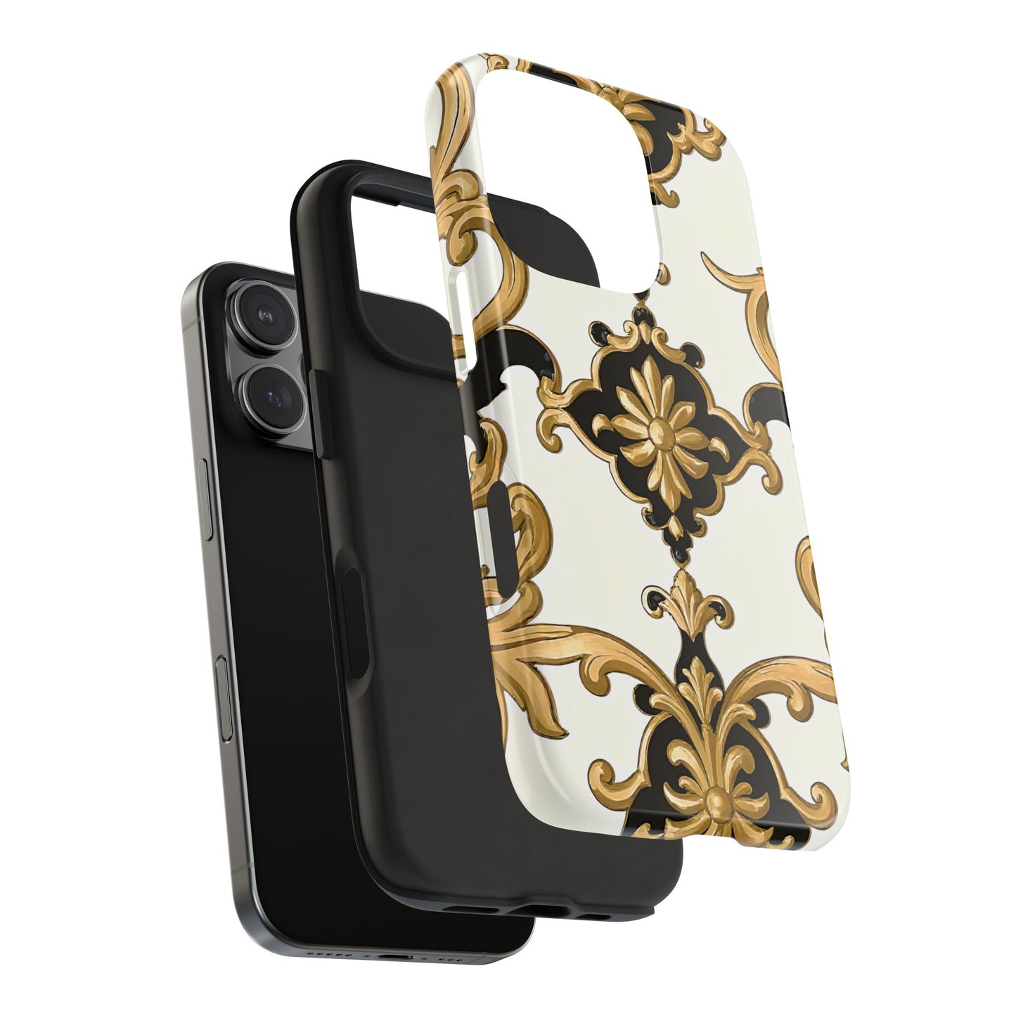 Elegant Floral Tough Phone Cases, Durable Phone Cover, Stylish Phone Accessories, Gift for Her, Chic Phone Cases - Black & Gold Rococo